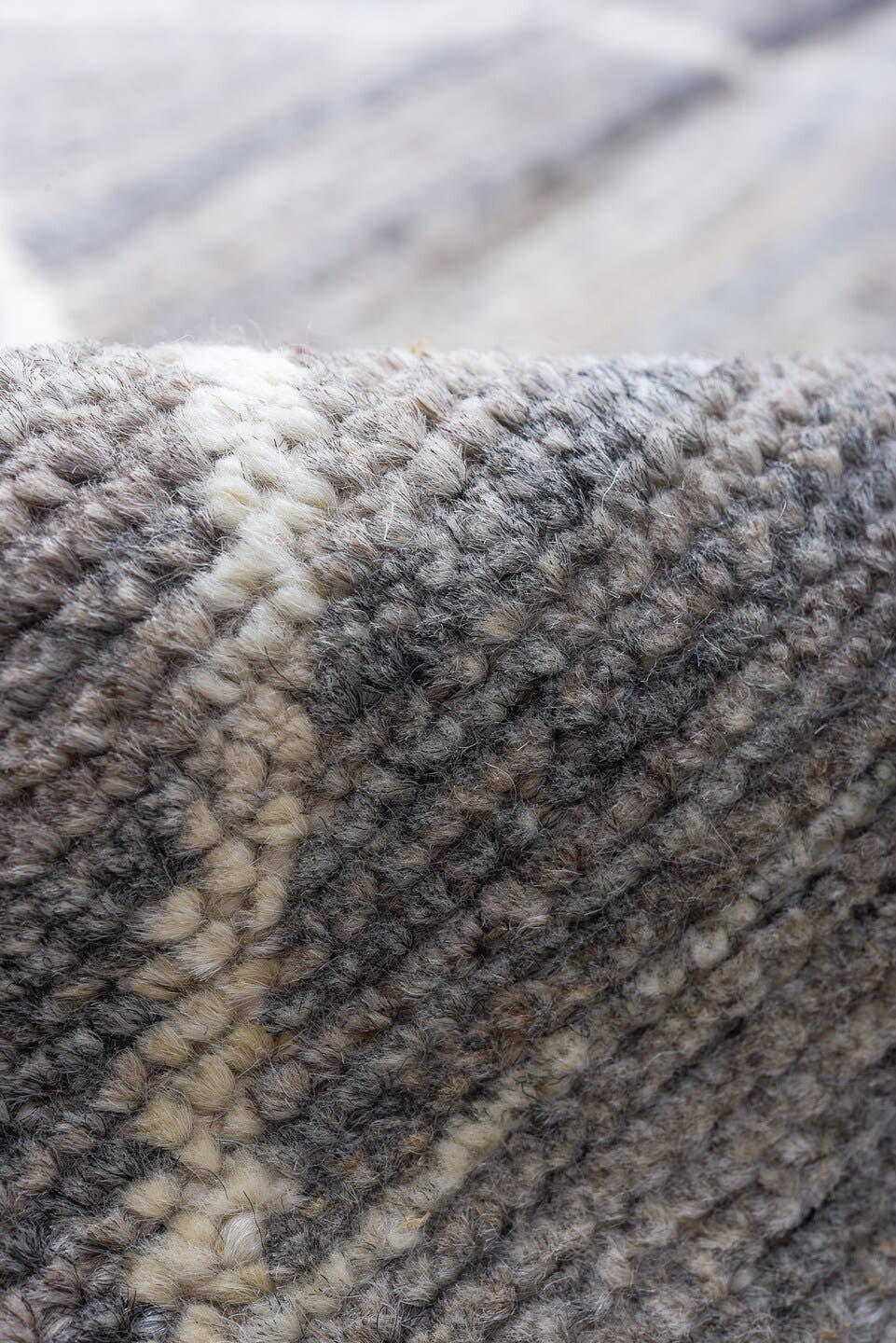 12' x 15' one-of-a-kind handmade vintage Tulu oversize rug. Color palette: gray, ivory, slate, taupe, charcoal, beige, black