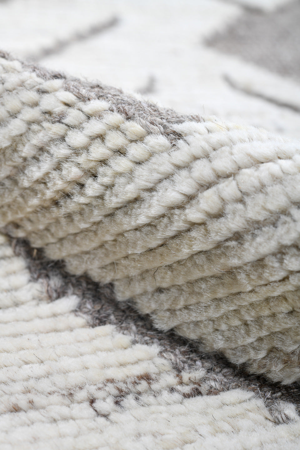 9' x 11' one-of-a-kind handmade vintage Tulu large size rug. Color palette: ivory, taupe, gray, cream, beige