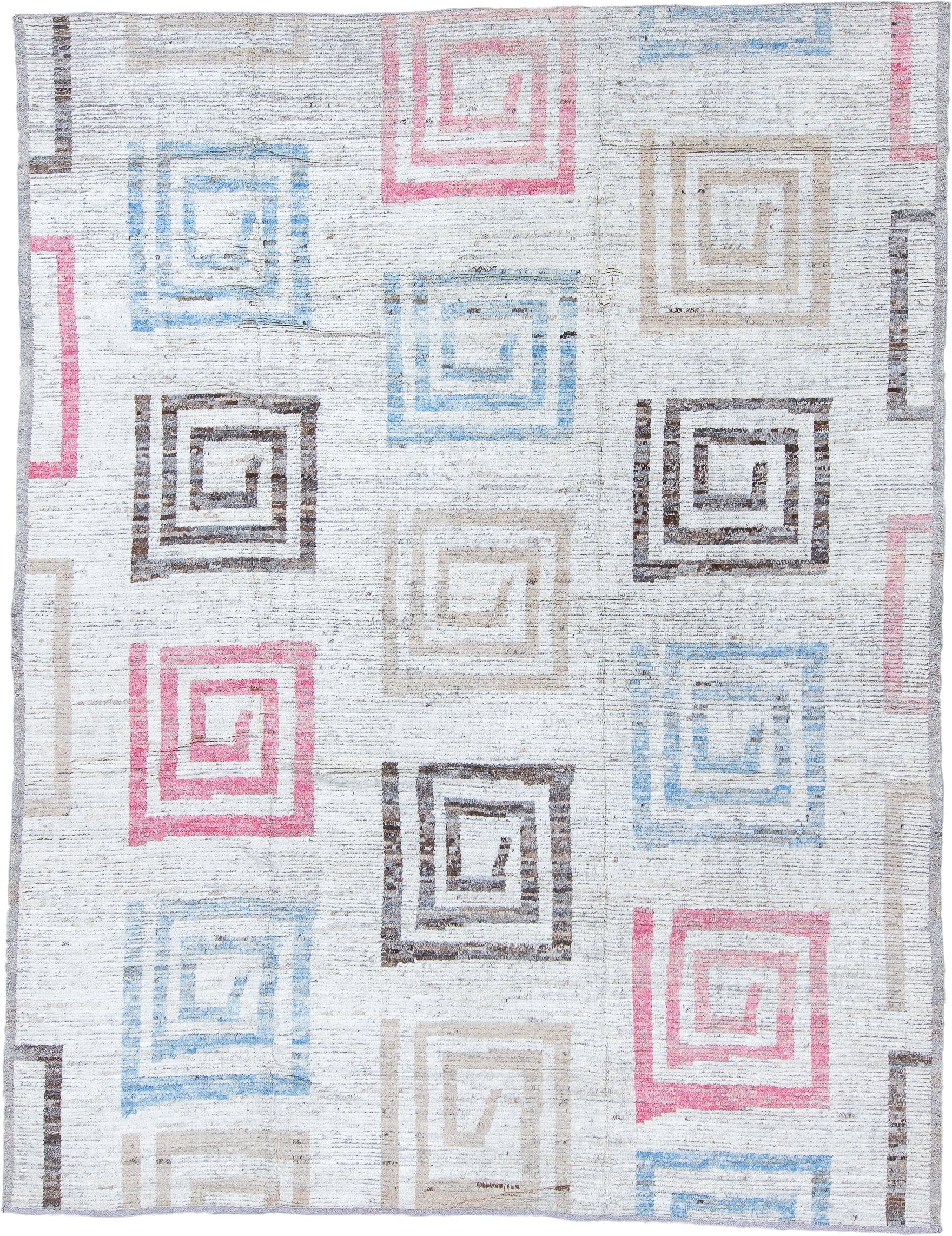 9' x 12' one-of-a-kind handmade vintage Tulu large size rug. Color palette: ivory, sky blue, blush, taupe, brown, gray