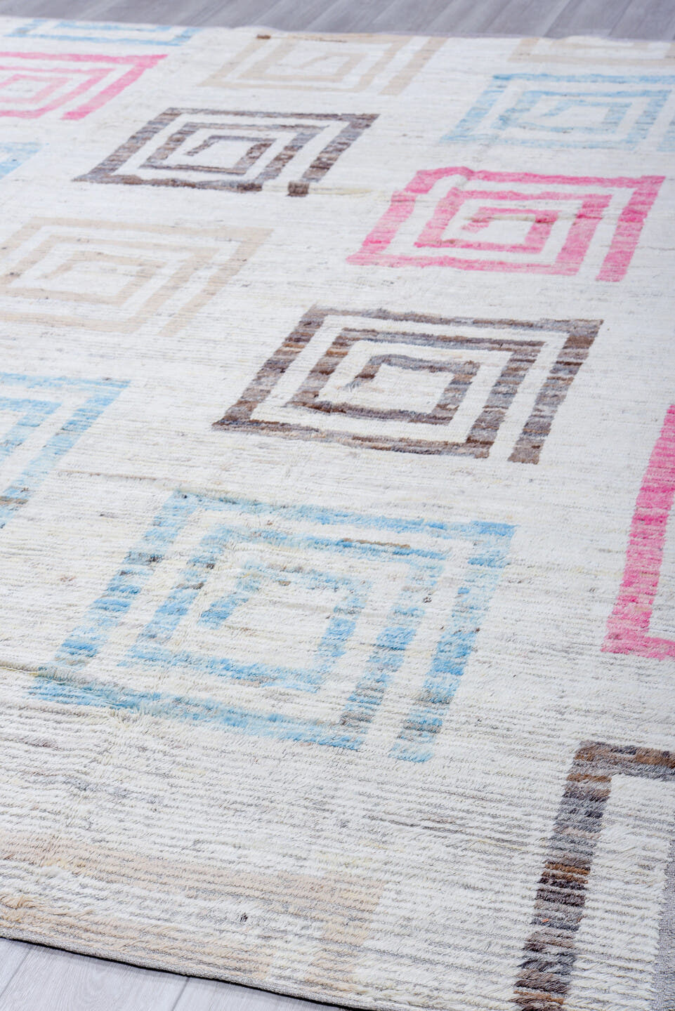 9' x 12' one-of-a-kind handmade vintage Tulu large size rug. Color palette: ivory, sky blue, blush, taupe, brown, gray