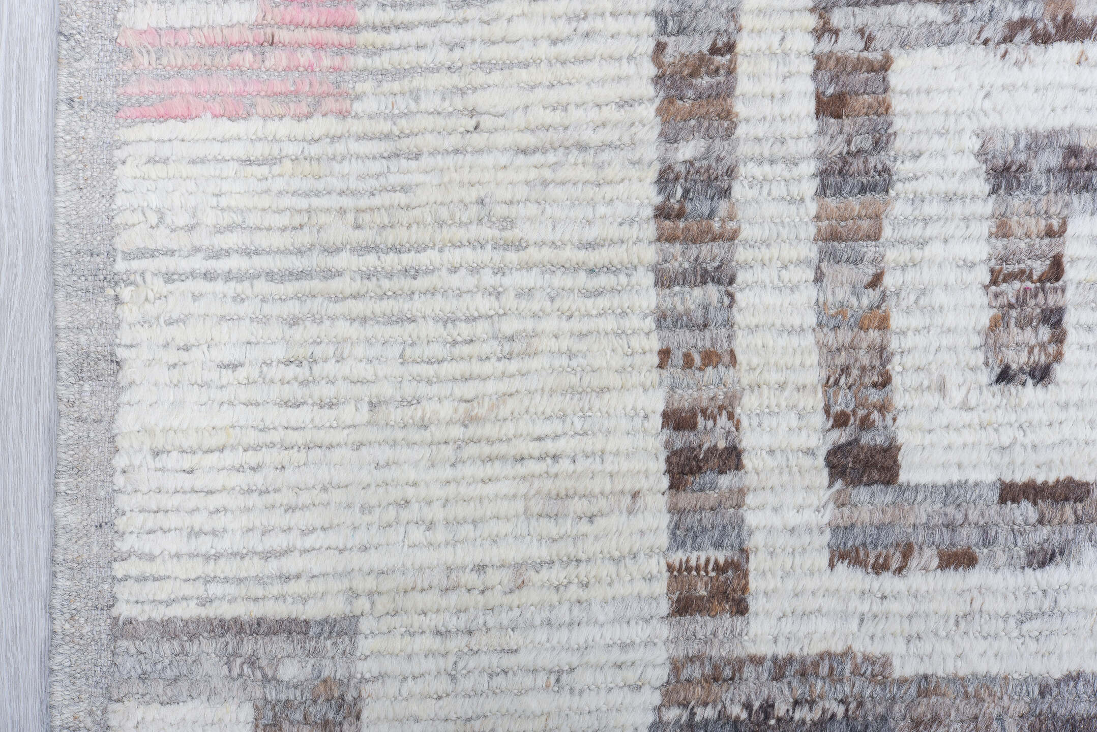 9' x 12' one-of-a-kind handmade vintage Tulu large size rug. Color palette: ivory, sky blue, blush, taupe, brown, gray