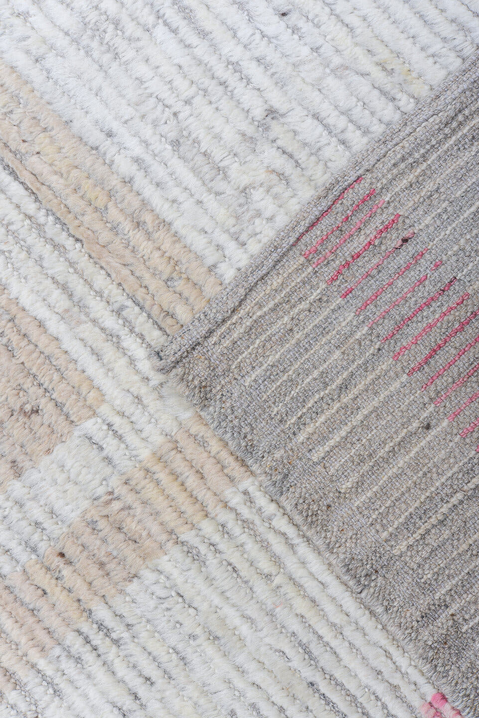 9' x 12' one-of-a-kind handmade vintage Tulu large size rug. Color palette: ivory, sky blue, blush, taupe, brown, gray
