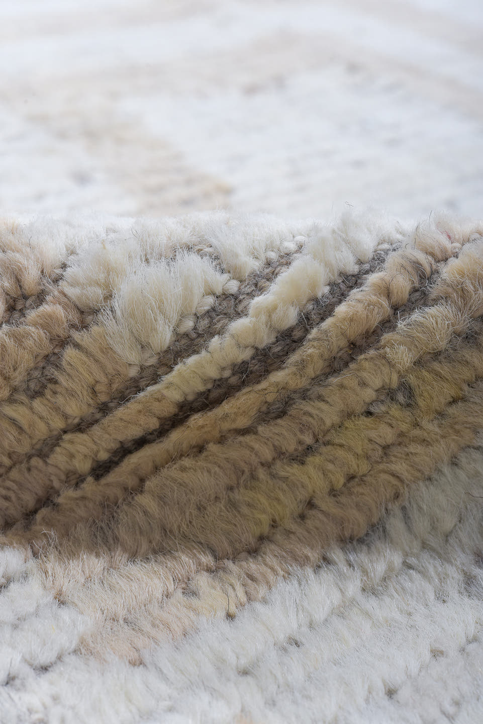 9' x 12' one-of-a-kind handmade vintage Tulu large size rug. Color palette: ivory, sky blue, blush, taupe, brown, gray