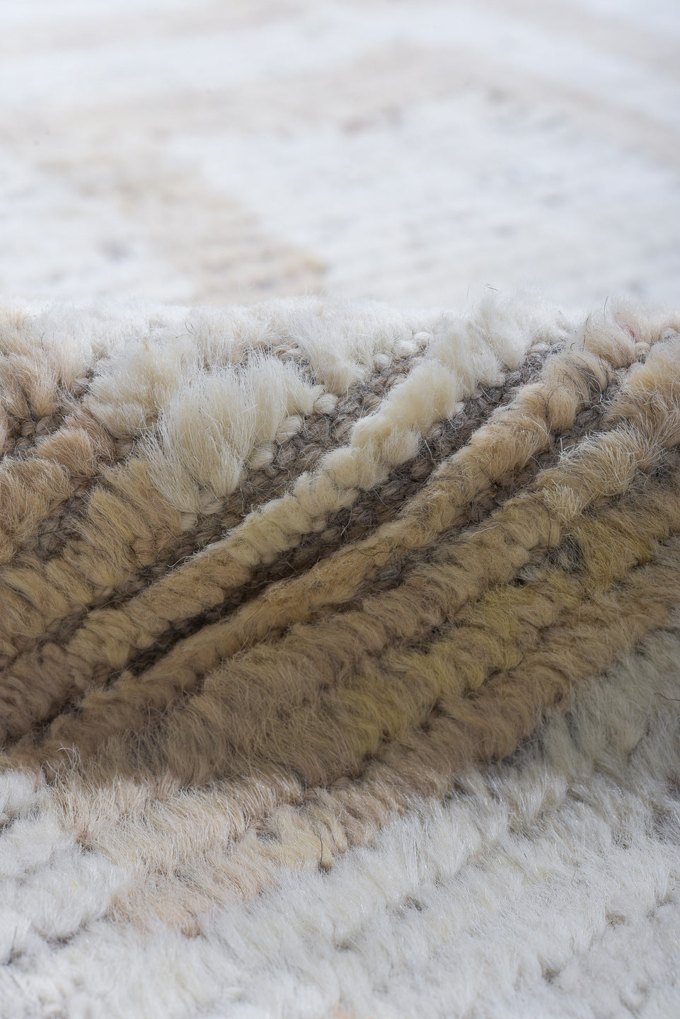 9' x 12' one-of-a-kind handmade vintage Tulu large size rug. Color palette: ivory, sky blue, blush, taupe, brown, gray