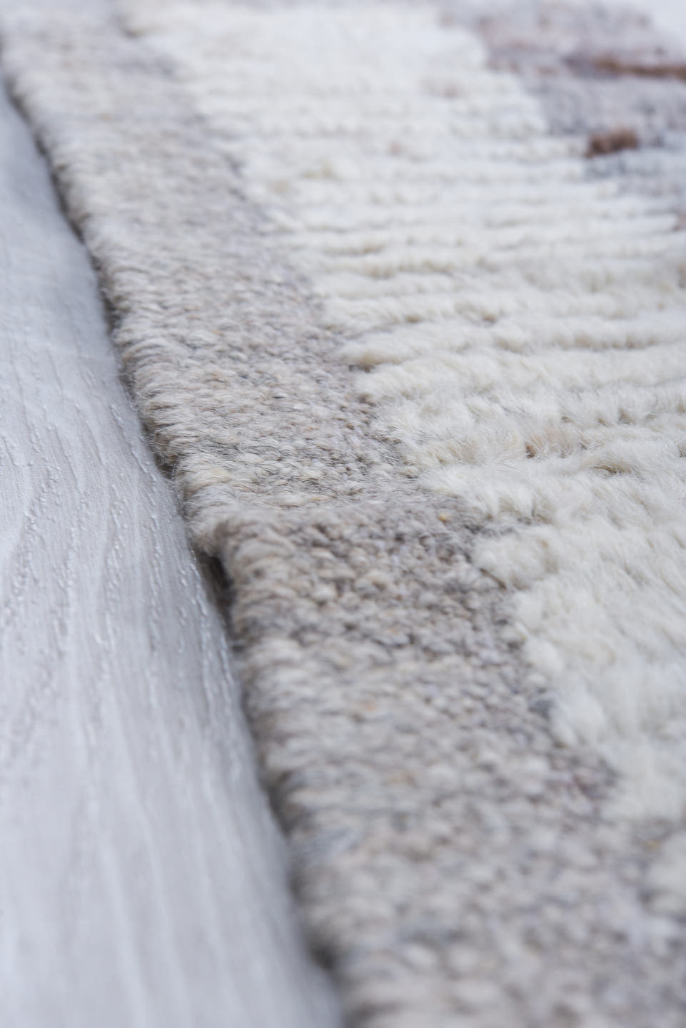 9' x 12' one-of-a-kind handmade vintage Tulu large size rug. Color palette: ivory, sky blue, blush, taupe, brown, gray