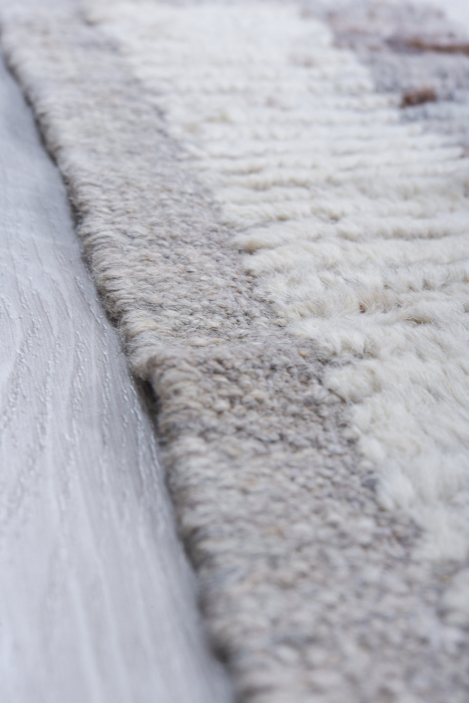 9' x 12' one-of-a-kind handmade vintage Tulu large size rug. Color palette: ivory, sky blue, blush, taupe, brown, gray