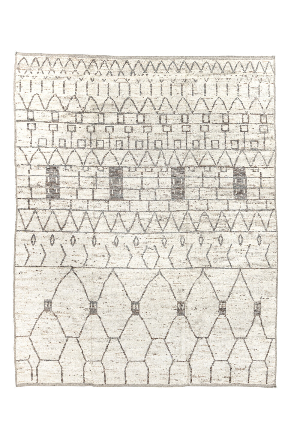 9' x 11' one-of-a-kind handmade vintage Tulu large size rug. Color palette: black, dim gray, gainsboro, gray, light gray