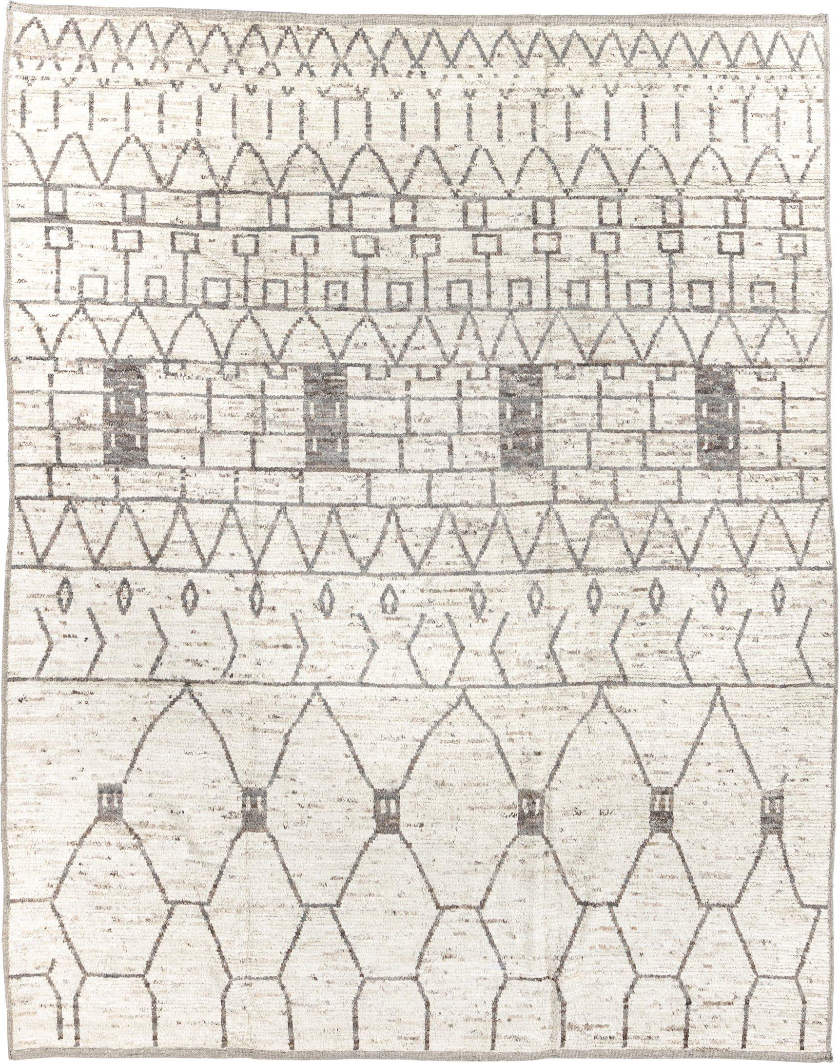 9' x 11' one-of-a-kind handmade vintage Tulu large size rug. Color palette: ivory, charcoal, taupe, cream, gray, black
