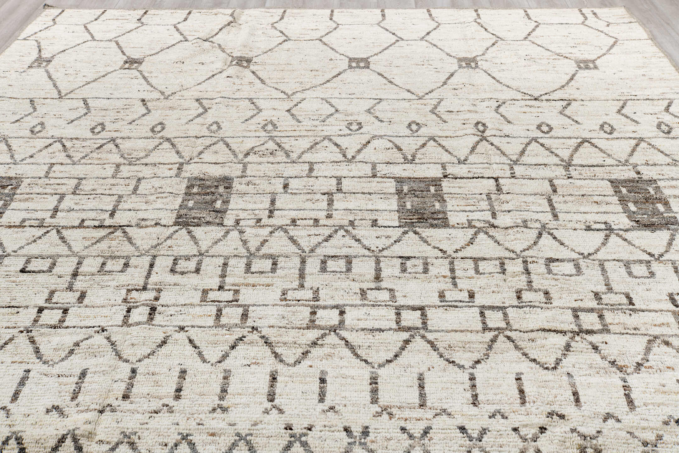 9' x 11' one-of-a-kind handmade vintage Tulu large size rug. Color palette: black, dim gray, gainsboro, gray, light gray