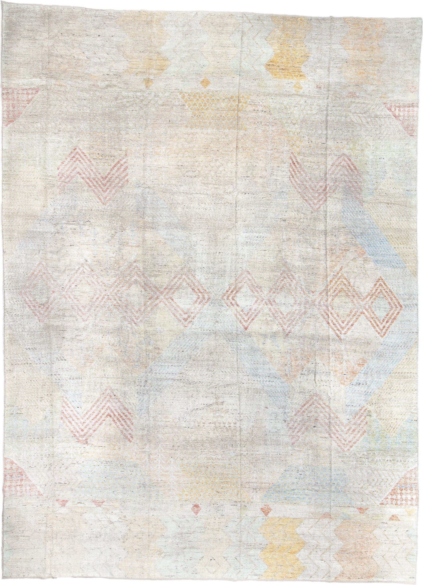 14' x 19' one-of-a-kind handmade vintage Tulu oversize rug. Color palette: ivory, blush, pale blue, soft gold, cream, sand