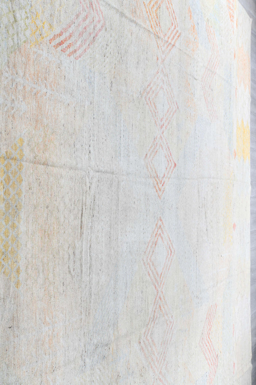 14' x 19' one-of-a-kind handmade vintage Tulu oversize rug. Color palette: ivory, blush, pale blue, soft gold, cream, sand