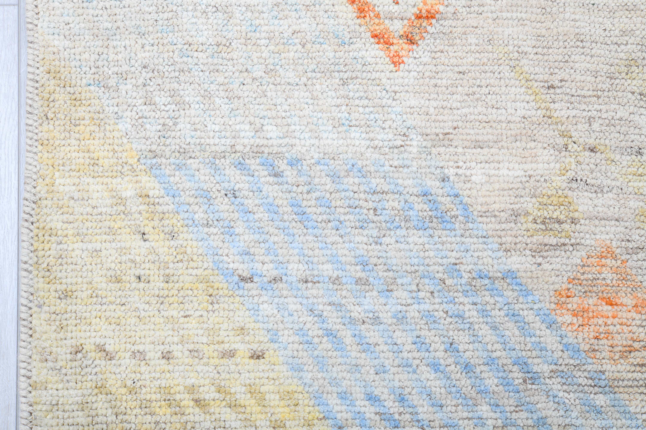 14' x 19' one-of-a-kind handmade vintage Tulu oversize rug. Color palette: ivory, blush, pale blue, soft gold, cream, sand