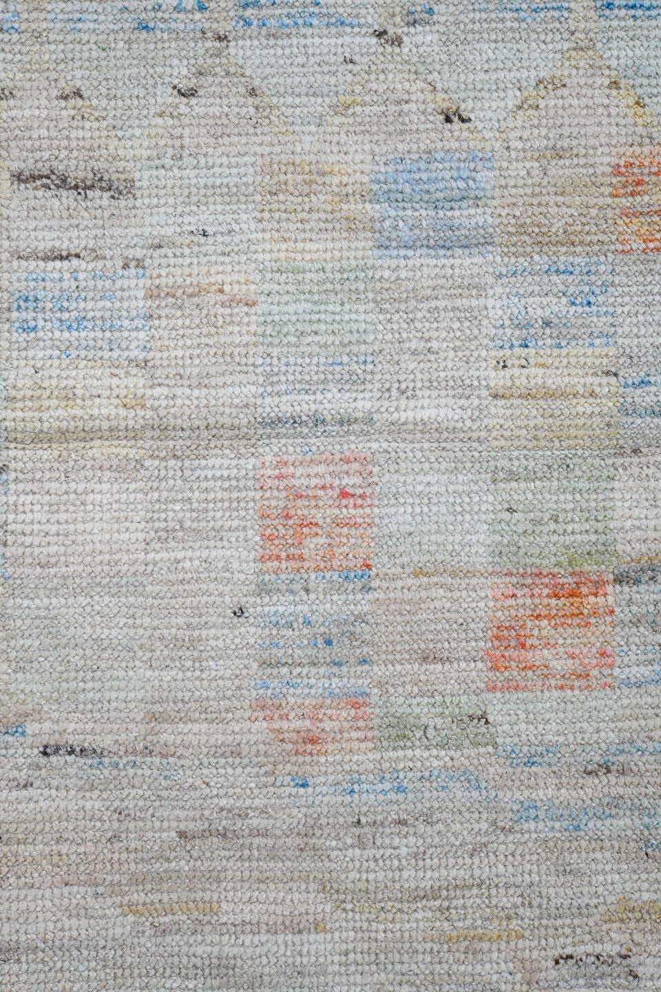 13' x 19' one-of-a-kind handmade vintage Tulu oversize rug. Color palette: ivory, pale blue, blush, sage, apricot, cream