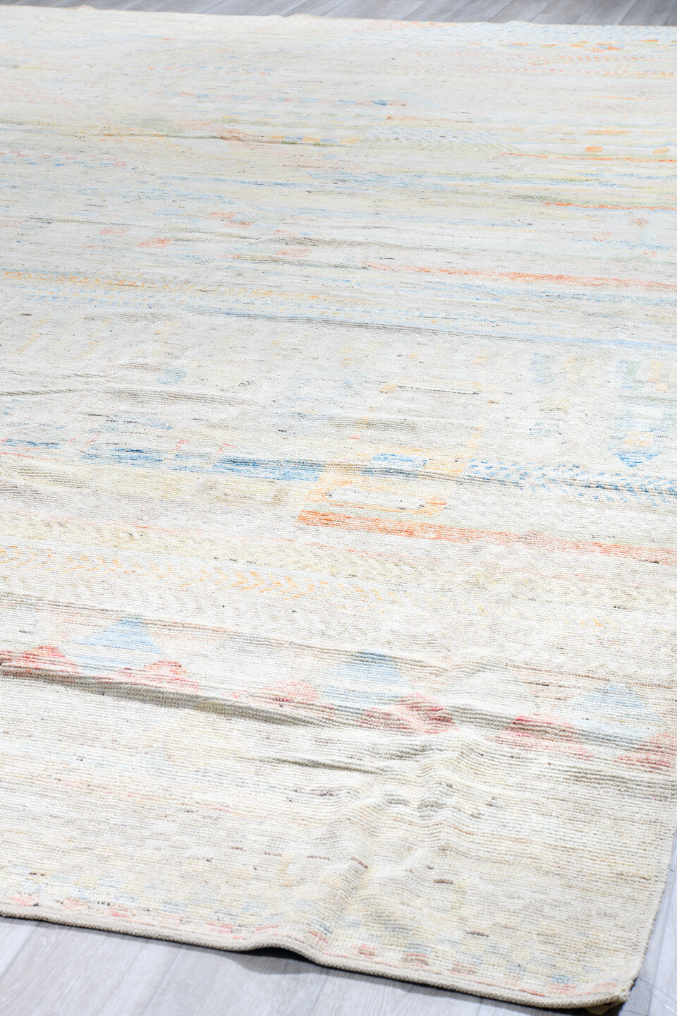 13' x 19' one-of-a-kind handmade vintage Tulu oversize rug. Color palette: ivory, pale blue, blush, sage, apricot, cream