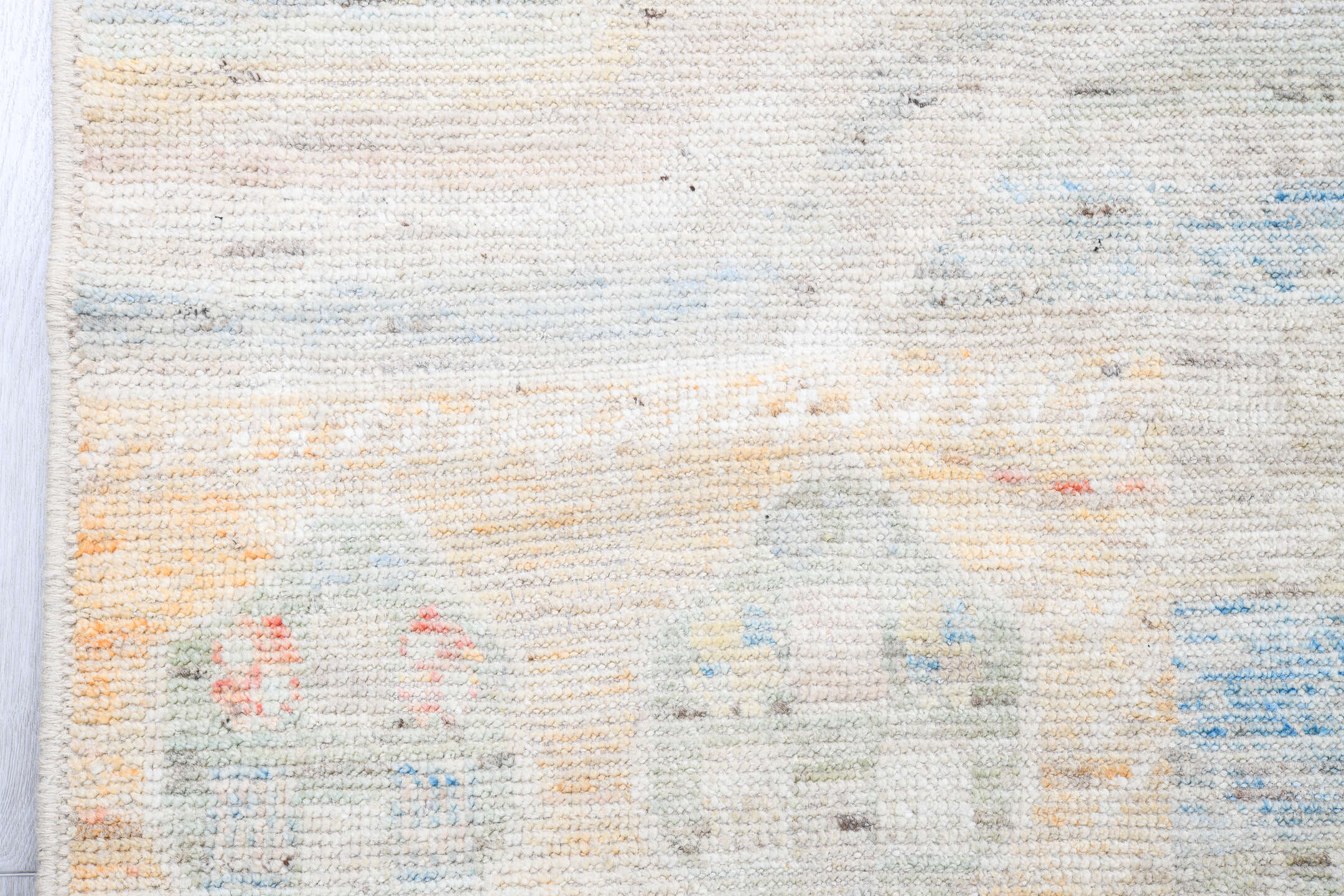 13' x 19' one-of-a-kind handmade vintage Tulu oversize rug. Color palette: ivory, pale blue, blush, sage, apricot, cream