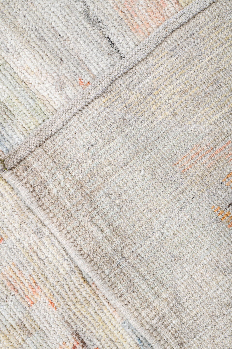 13' x 19' one-of-a-kind handmade vintage Tulu oversize rug. Color palette: ivory, pale blue, blush, sage, apricot, cream