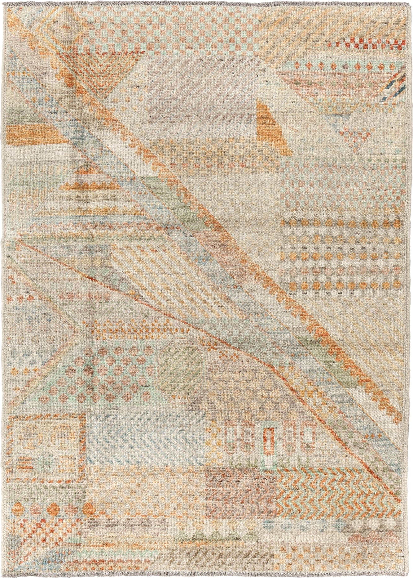 4' x 6' one-of-a-kind handmade vintage Tulu small size rug. Color palette: ivory, pale aqua, apricot, sand, taupe