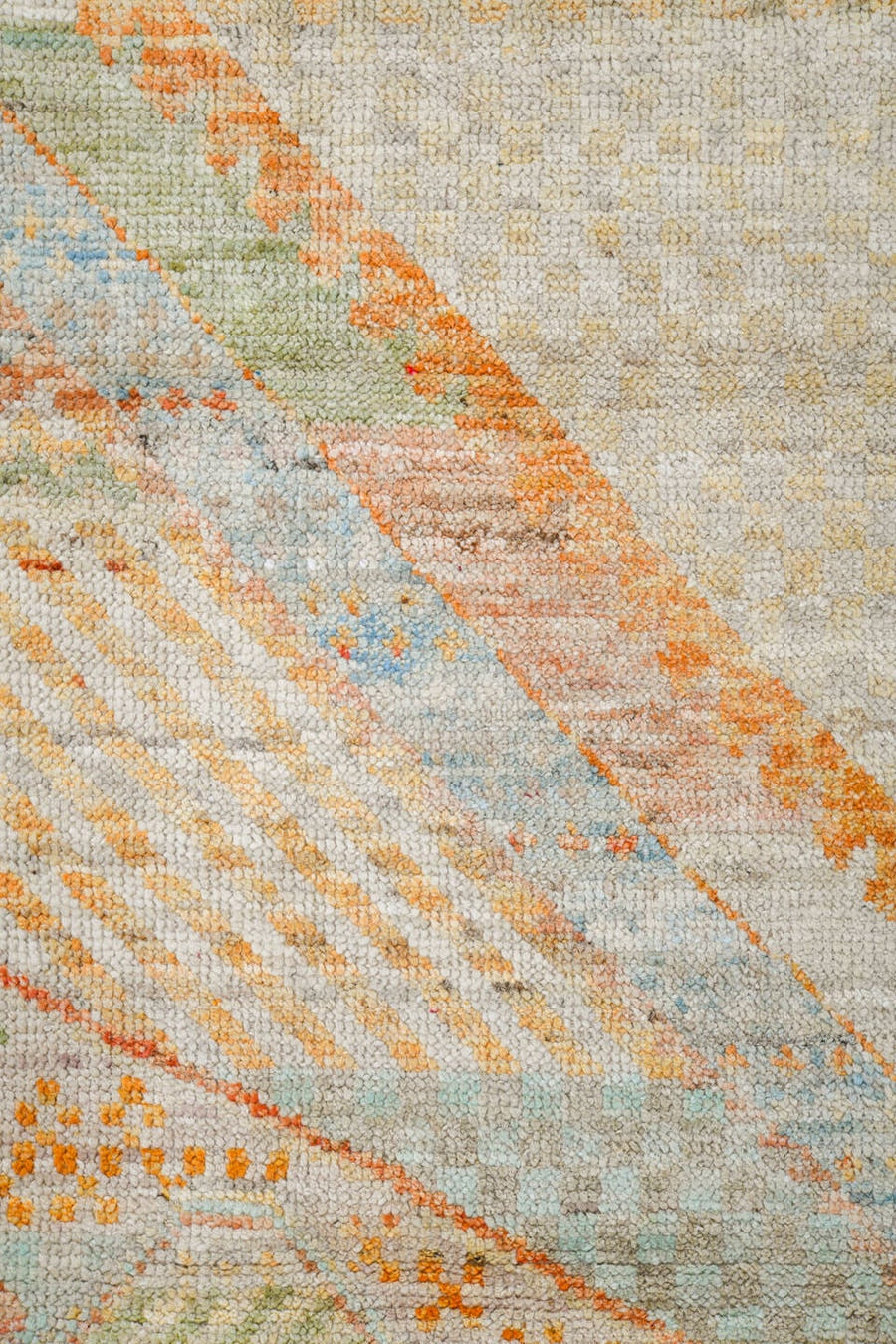 4' x 6' one-of-a-kind handmade vintage Tulu small size rug. Color palette: ivory, pale aqua, apricot, sand, taupe