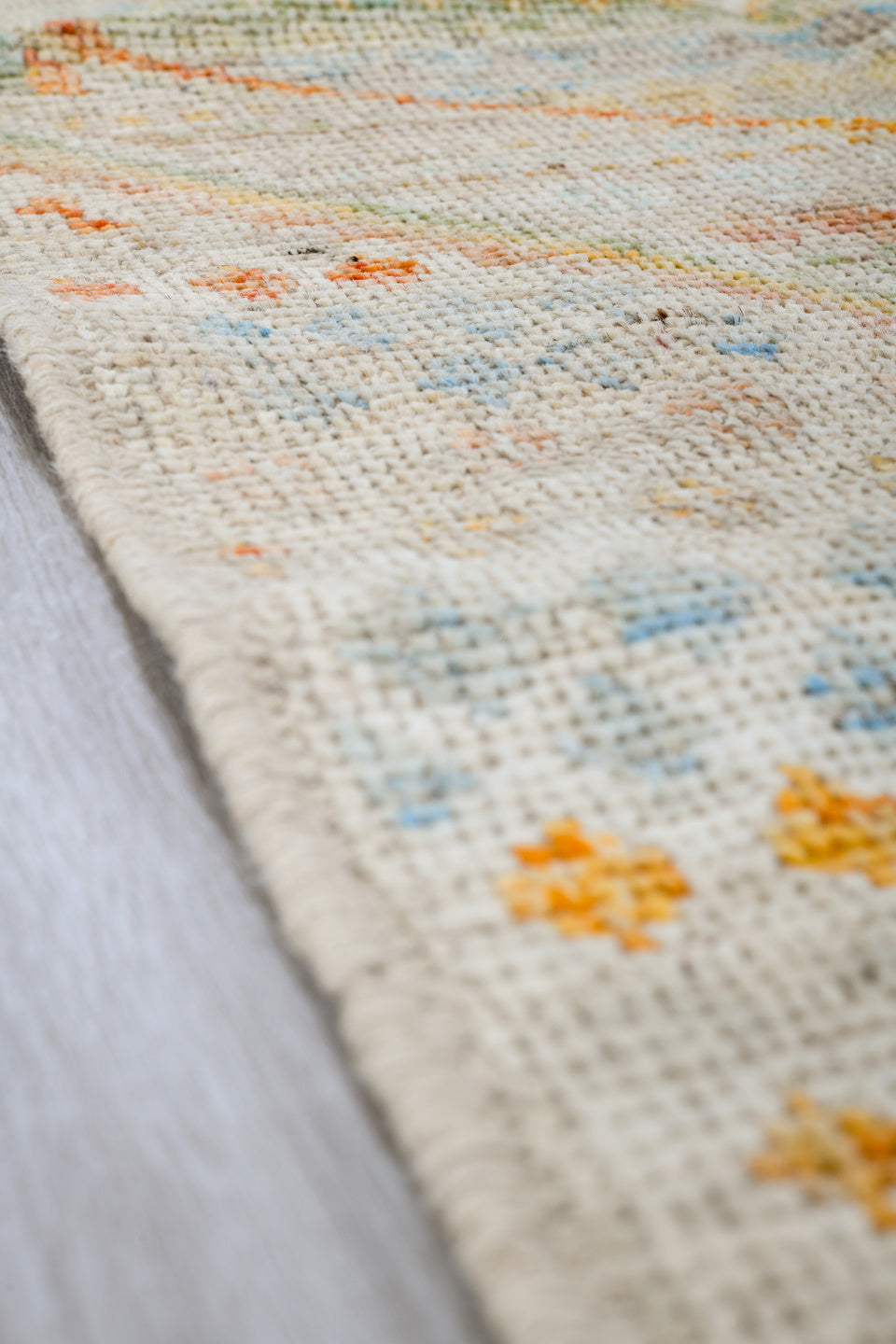 4' x 6' one-of-a-kind handmade vintage Tulu small size rug. Color palette: ivory, pale aqua, apricot, sand, taupe