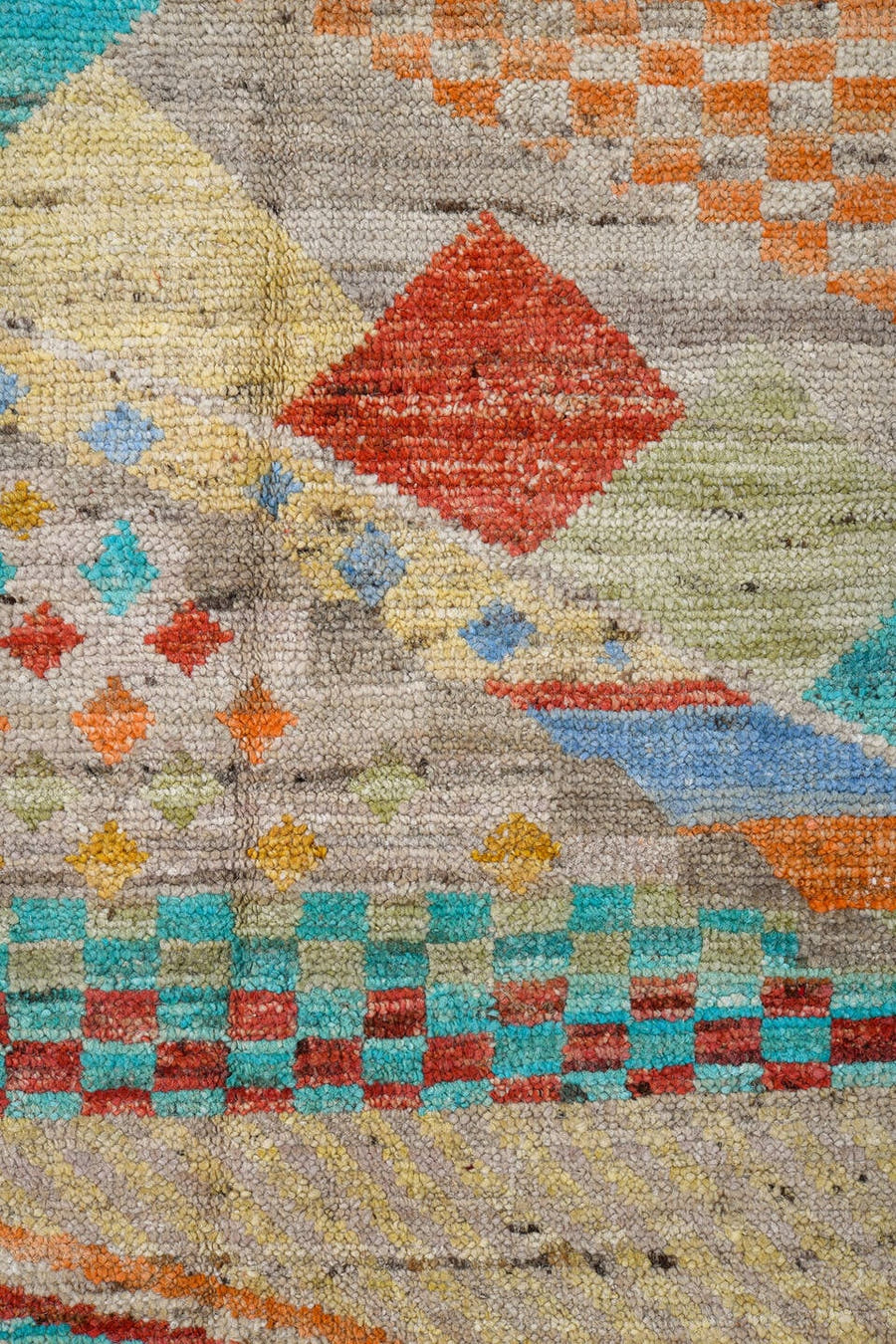 5' x 8' one-of-a-kind handmade vintage Tulu medium size rug. Color palette: ivory, coral, aqua, pale blue, sand, taupe