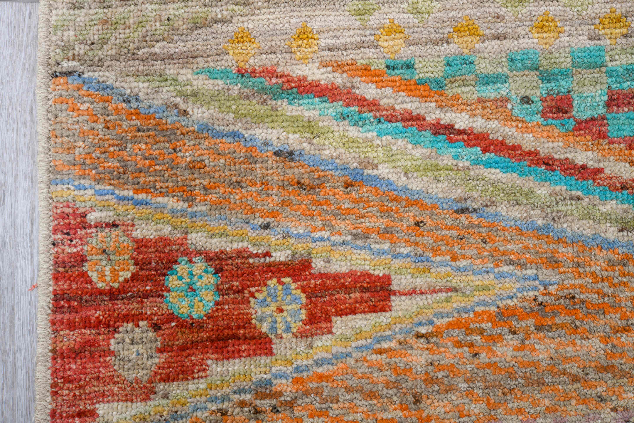 5' x 8' one-of-a-kind handmade vintage Tulu medium size rug. Color palette: ivory, coral, aqua, pale blue, sand, taupe