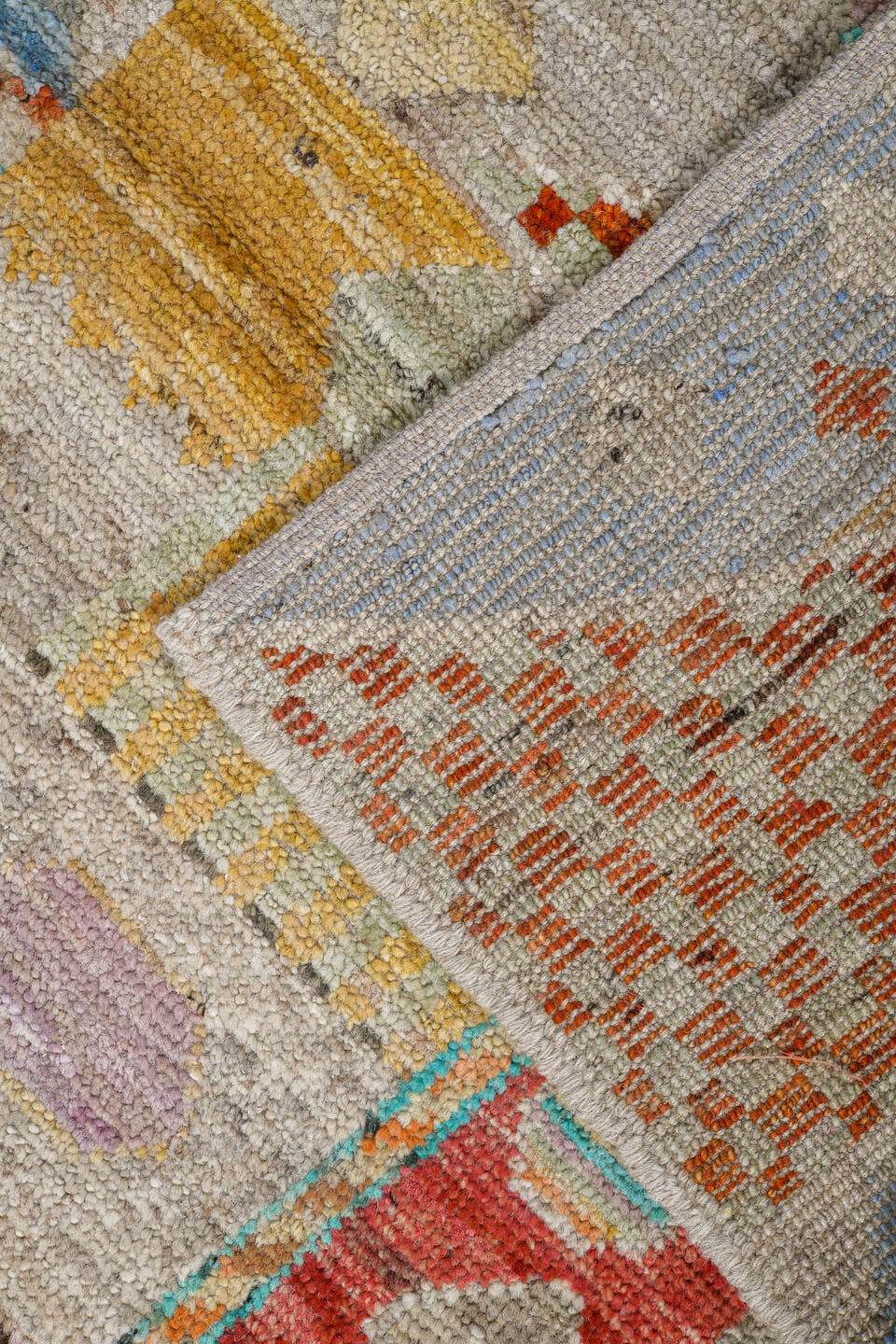 5' x 8' one-of-a-kind handmade vintage Tulu medium size rug. Color palette: ivory, coral, aqua, pale blue, sand, taupe