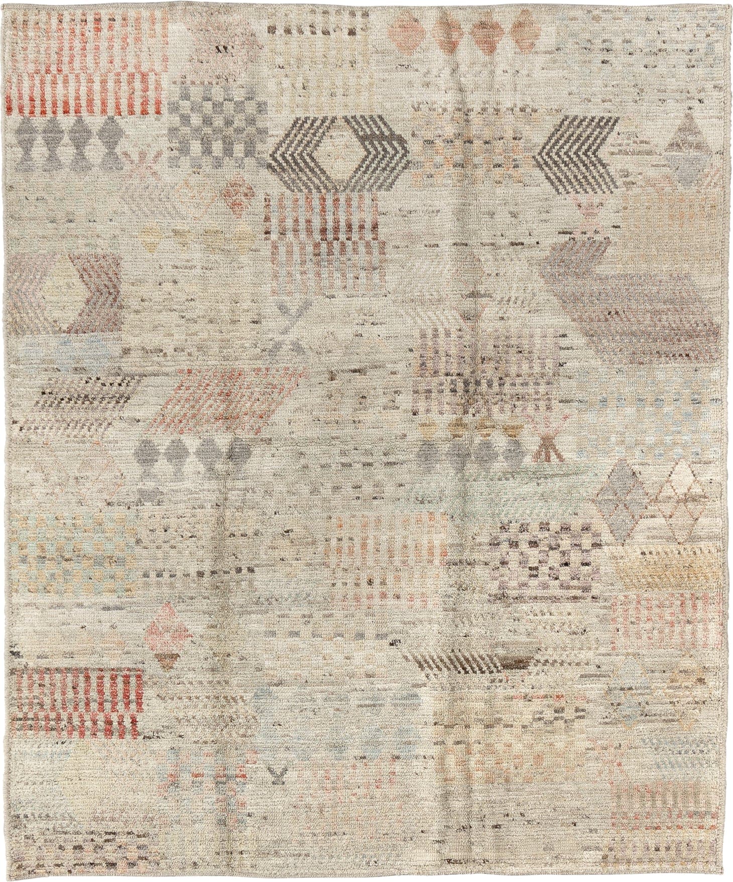 5' x 6' one-of-a-kind handmade vintage Tulu rug. Color palette: ivory, taupe, charcoal, blush, pale blue, camel, rose, gray