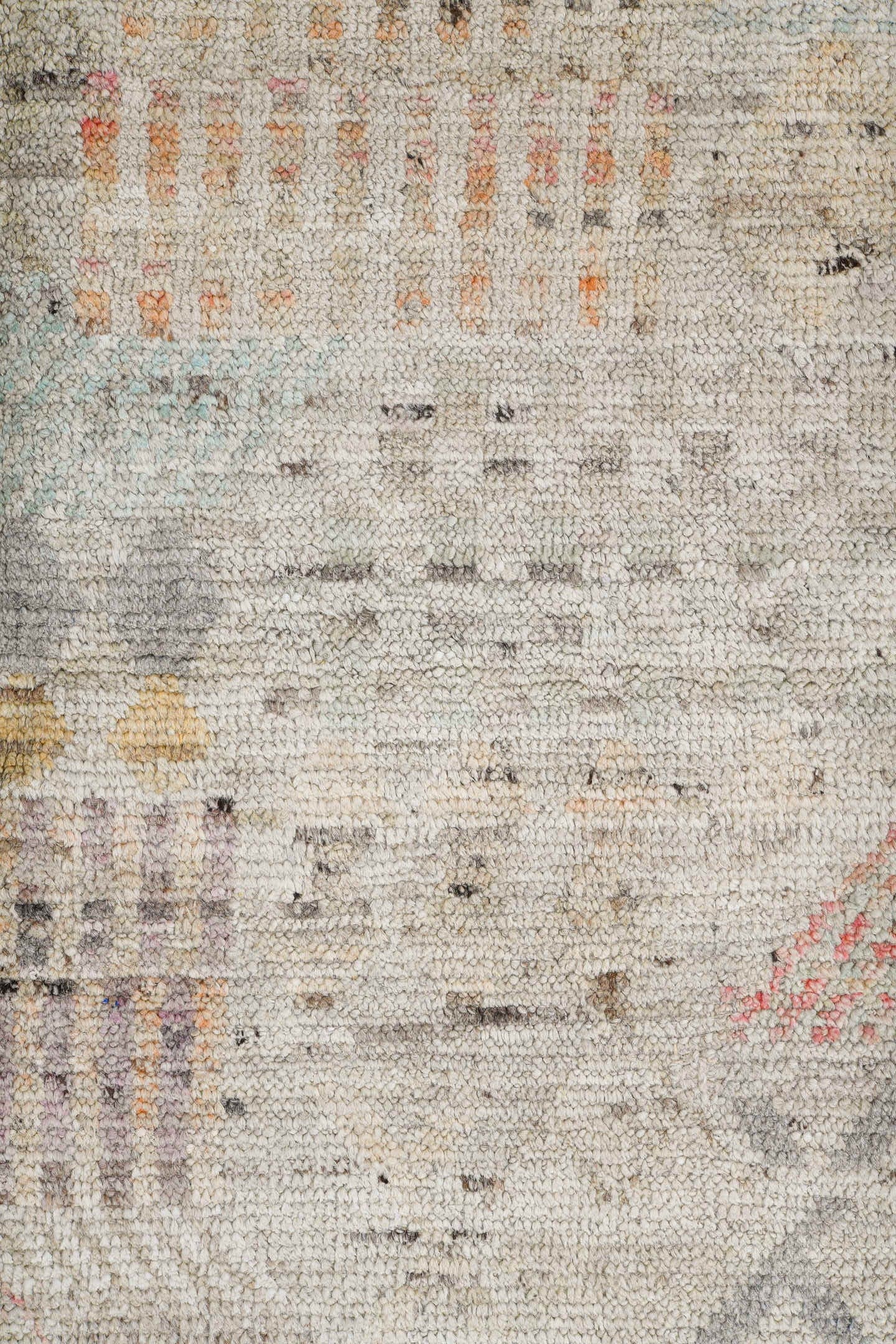 5' x 6' one-of-a-kind handmade vintage Tulu rug. Color palette: ivory, taupe, charcoal, blush, pale blue, camel, rose, gray