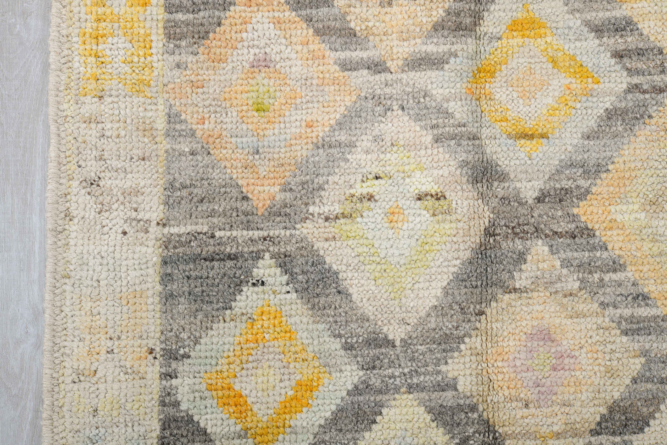 4' x 6' one-of-a-kind handmade vintage Tulu small size rug. Color palette: gray, ivory, cream, taupe, pale gold, sand