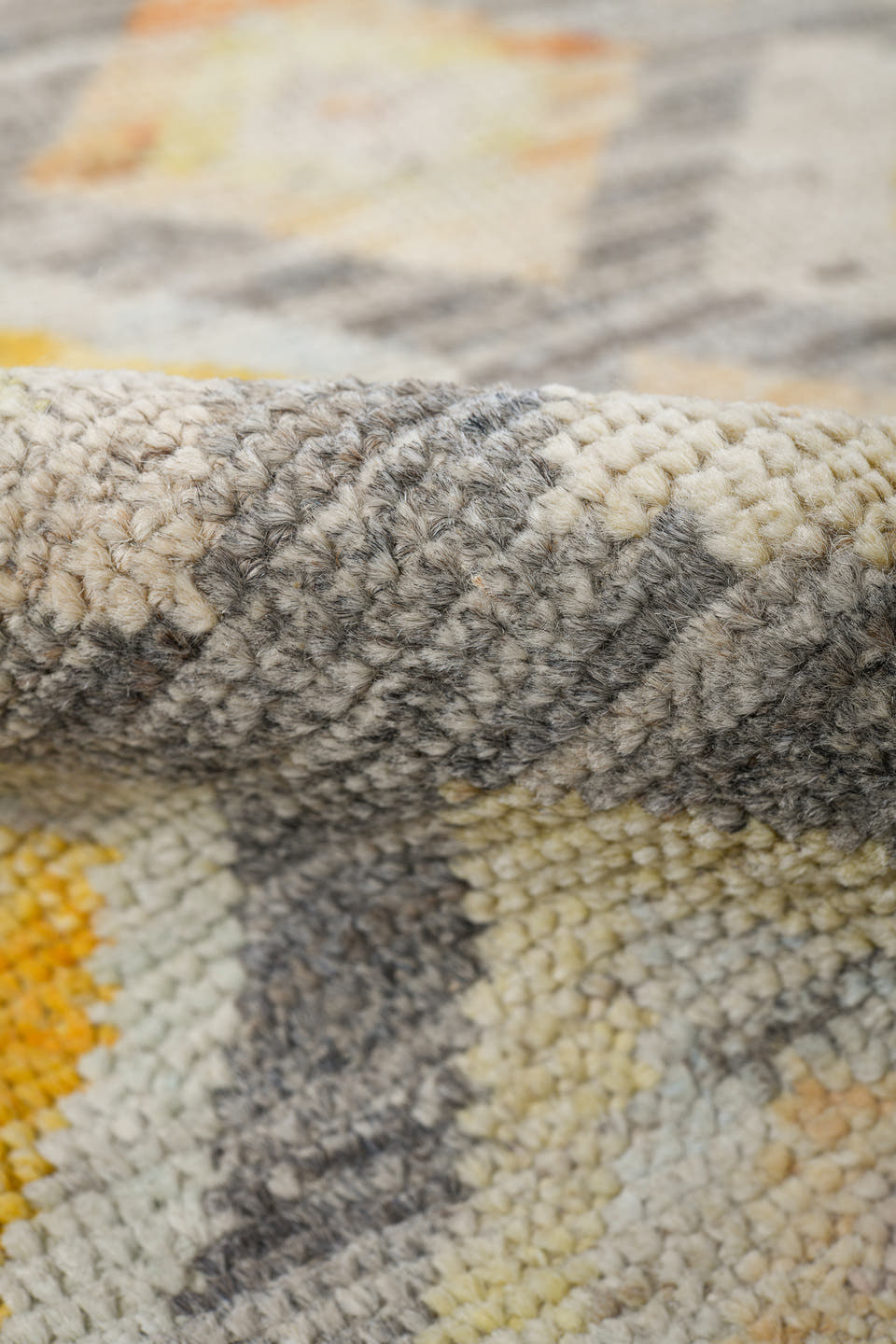 4' x 6' one-of-a-kind handmade vintage Tulu small size rug. Color palette: gray, ivory, cream, taupe, pale gold, sand
