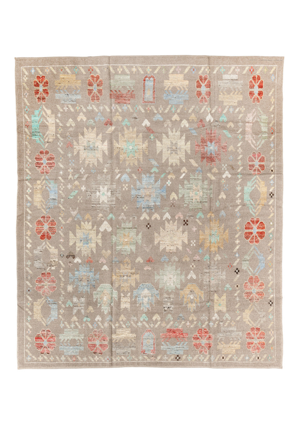 8' x 10' one-of-a-kind handmade vintage Tulu large size rug. Color palette: black, blue, brown, gray, light blue, light gray