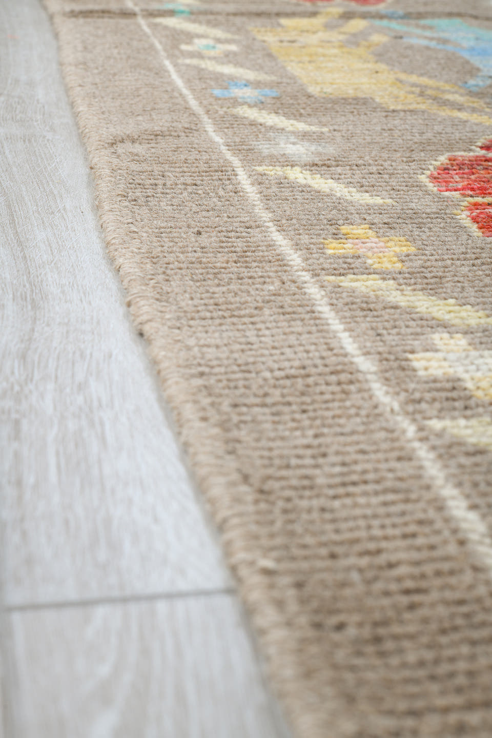 8' x 10' one-of-a-kind handmade vintage Tulu large size rug. Color palette: taupe, ivory, coral, pale blue, cream, soft gold