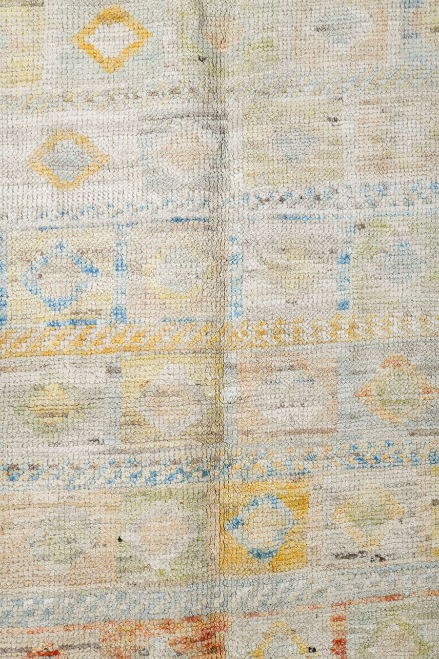 6' x 9' one-of-a-kind handmade vintage Tulu medium size rug. Color palette: ivory, pale blue, peach, sand, sage, cream
