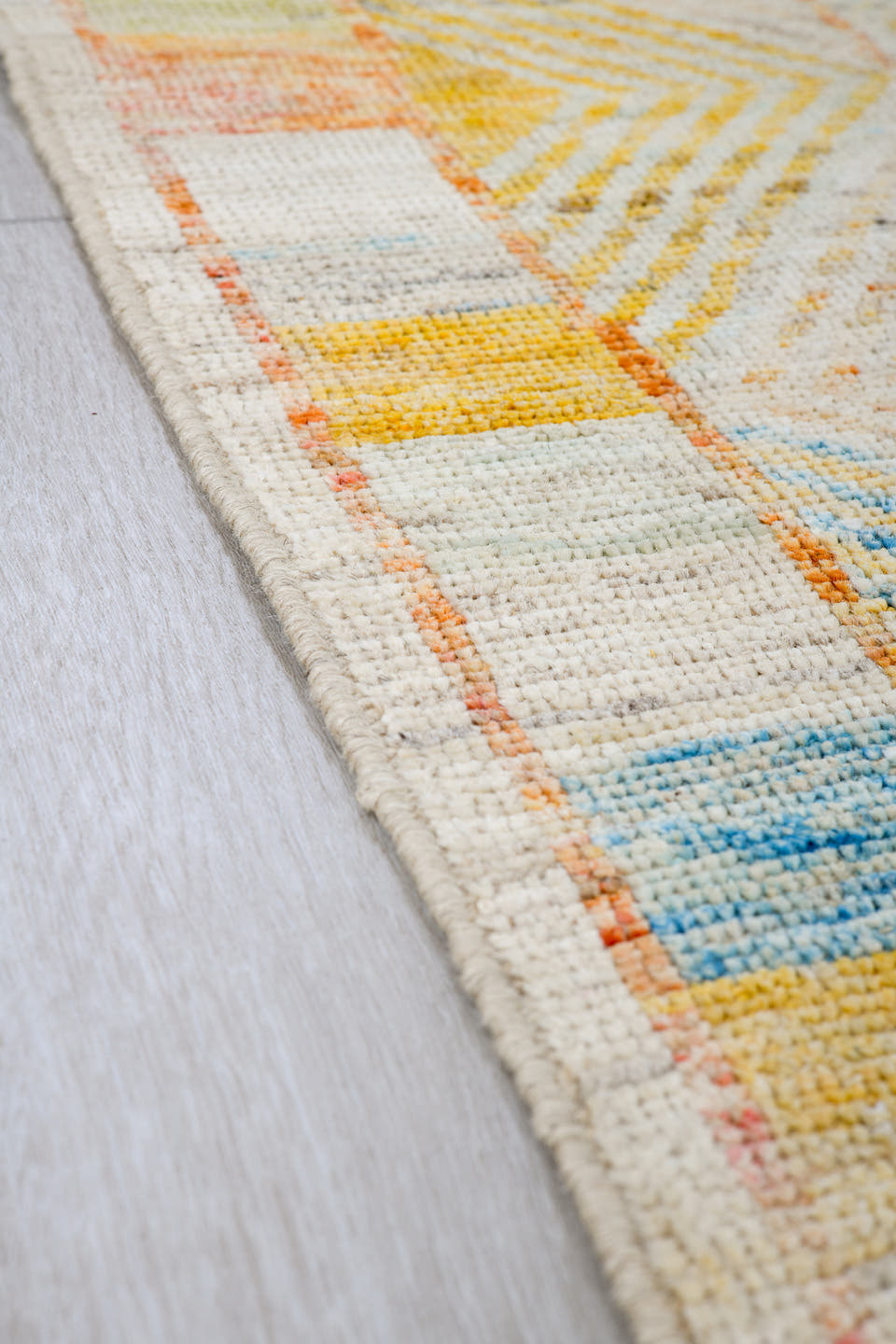 6' x 9' one-of-a-kind handmade vintage Tulu medium size rug. Color palette: ivory, pale blue, peach, sand, sage, cream