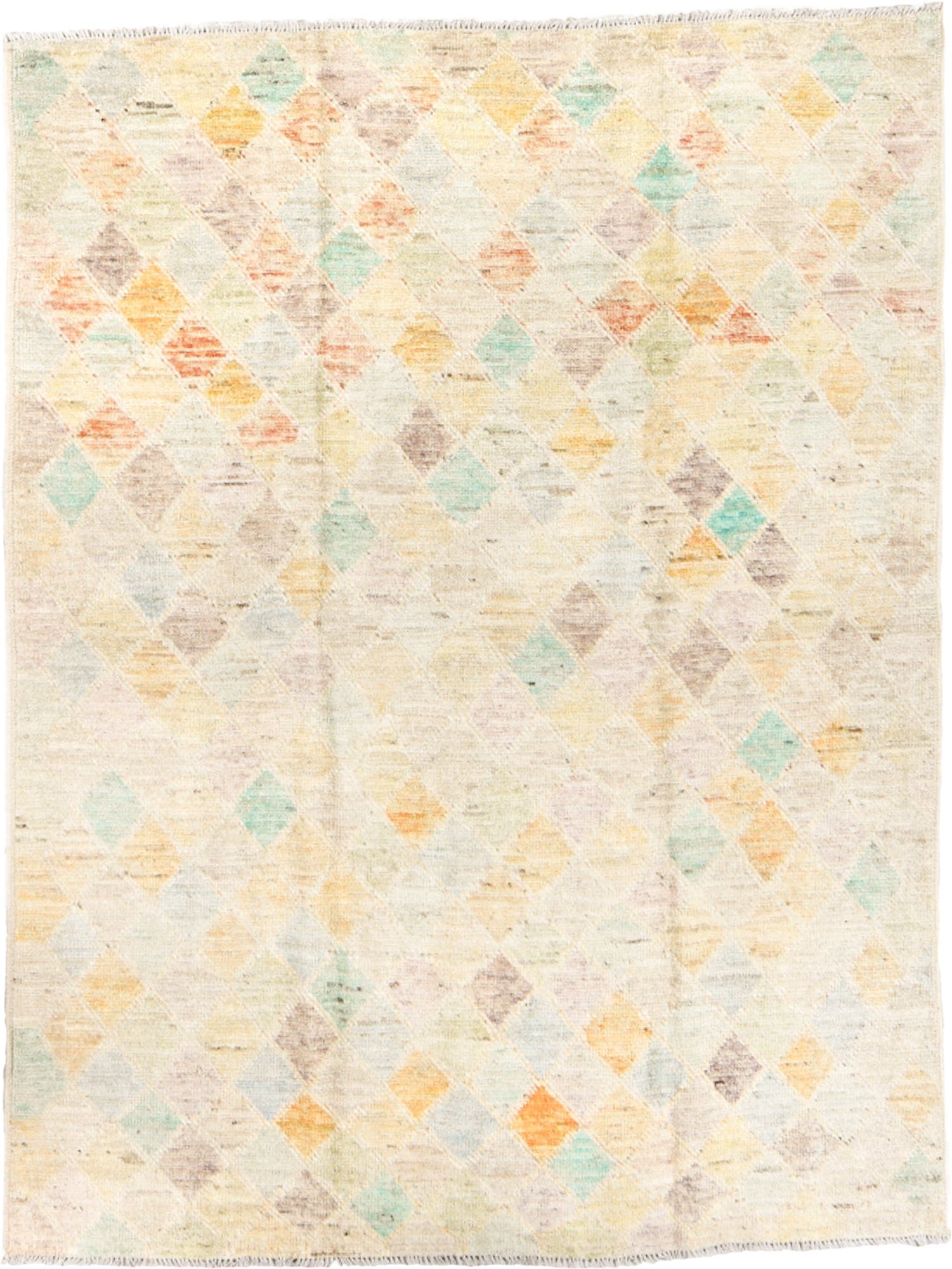 5' x 6' one-of-a-kind handmade vintage Tulu rug. Color palette: ivory, cream, aqua, saffron, apricot, taupe, pale gray, teal