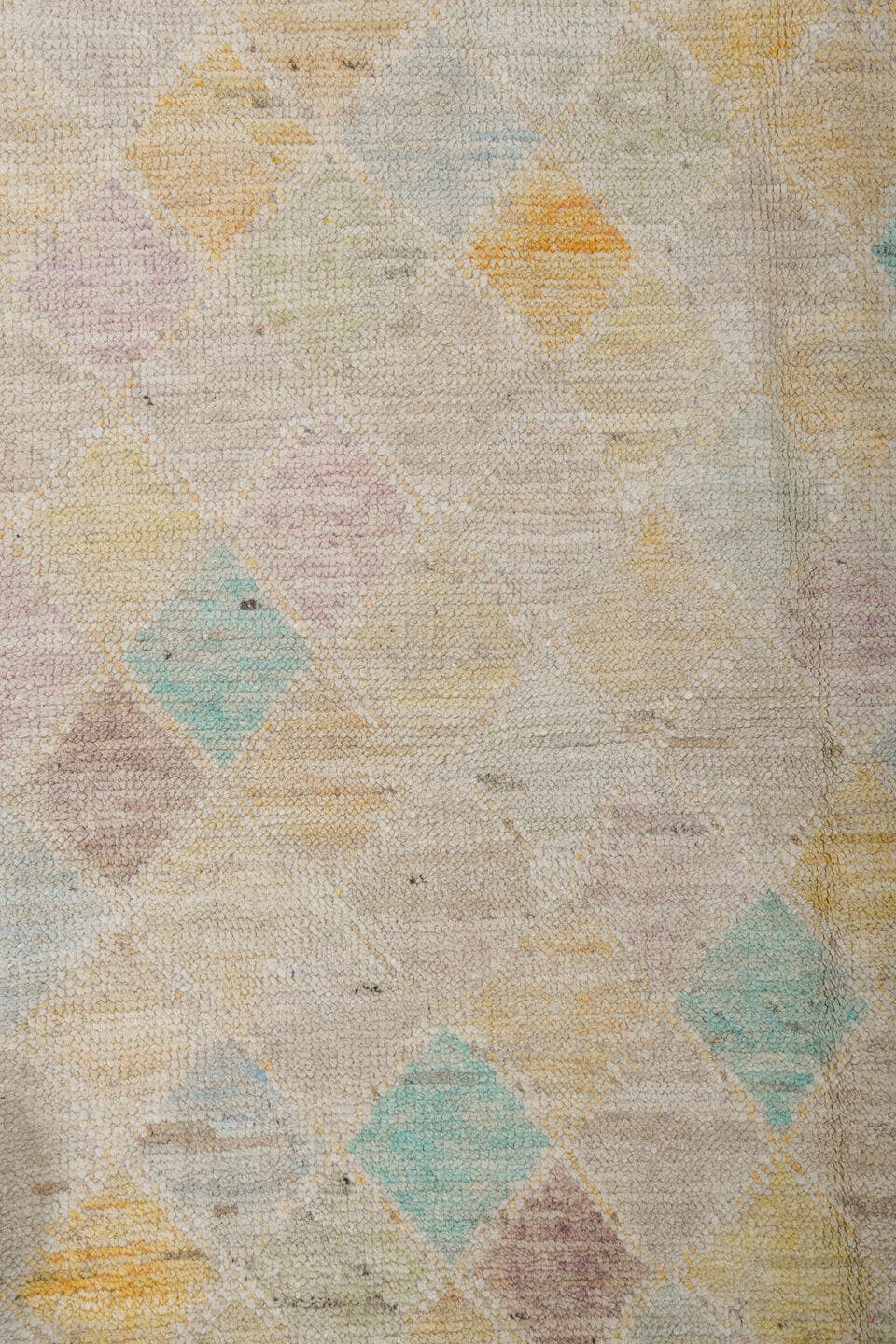 5' x 6' one-of-a-kind handmade vintage Tulu rug. Color palette: ivory, cream, aqua, saffron, apricot, taupe, pale gray, teal