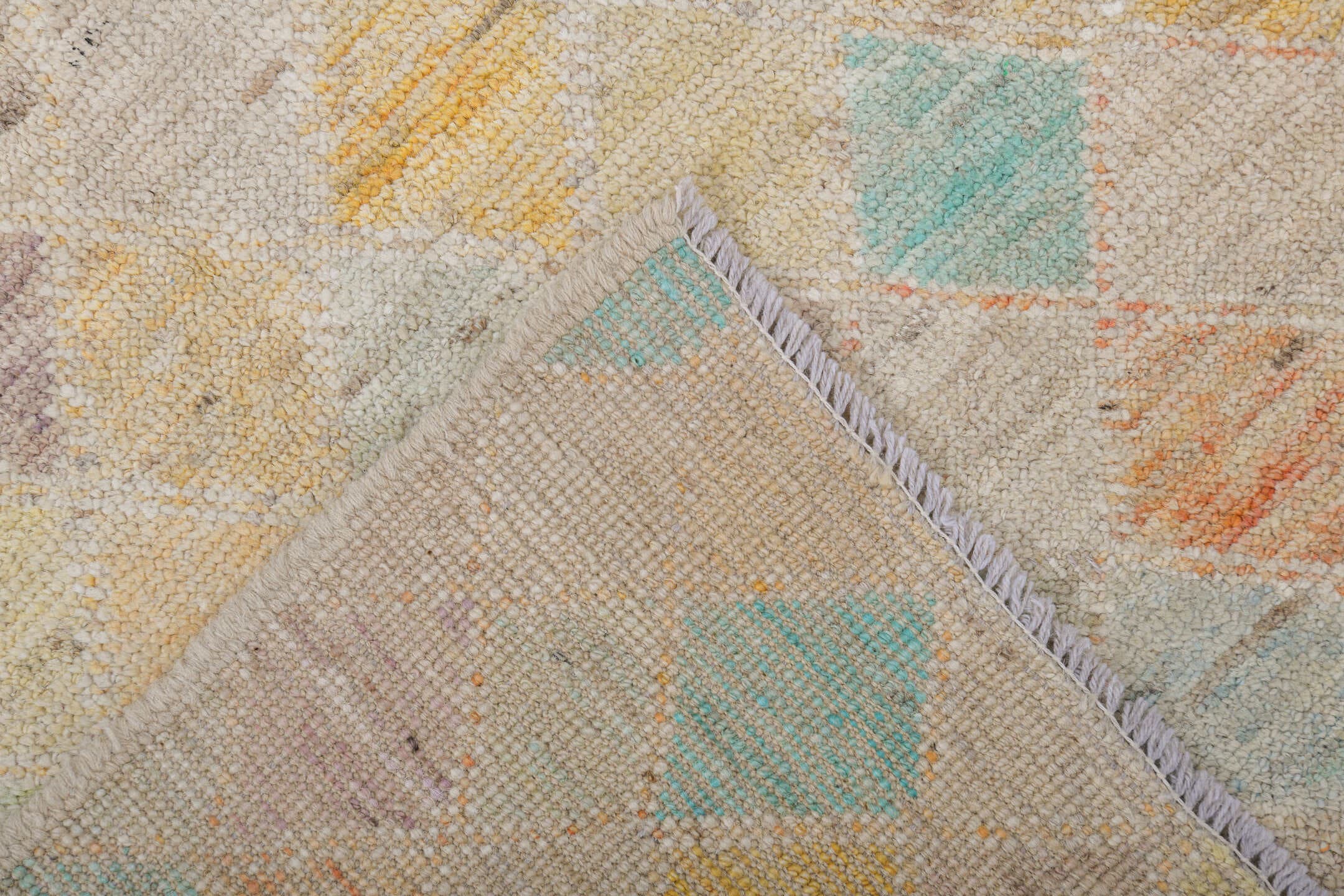 5' x 6' one-of-a-kind handmade vintage Tulu rug. Color palette: ivory, cream, aqua, saffron, apricot, taupe, pale gray, teal
