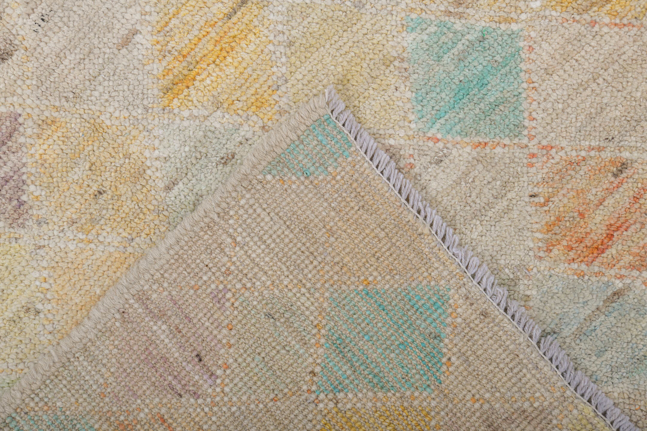 5' x 6' one-of-a-kind handmade vintage Tulu rug. Color palette: ivory, cream, aqua, saffron, apricot, taupe, pale gray, teal