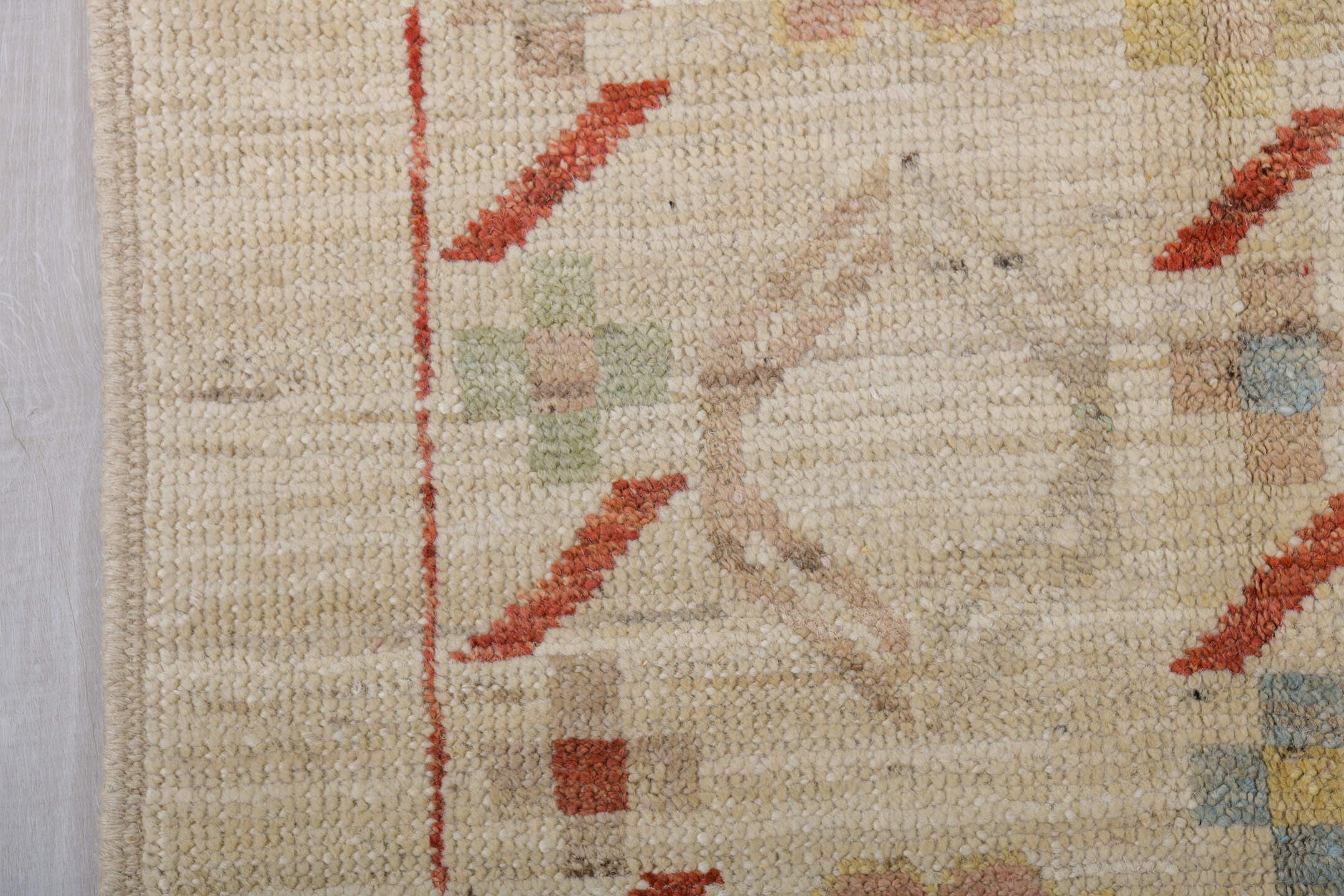 6' x 9' one-of-a-kind handmade vintage Tulu medium size rug. Color palette: ivory, rust, pale blue, blush, soft yellow, sage
