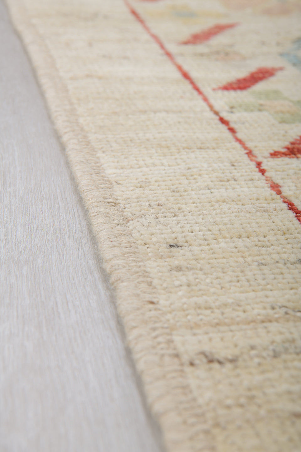 6' x 9' one-of-a-kind handmade vintage Tulu medium size rug. Color palette: ivory, rust, pale blue, blush, soft yellow, sage