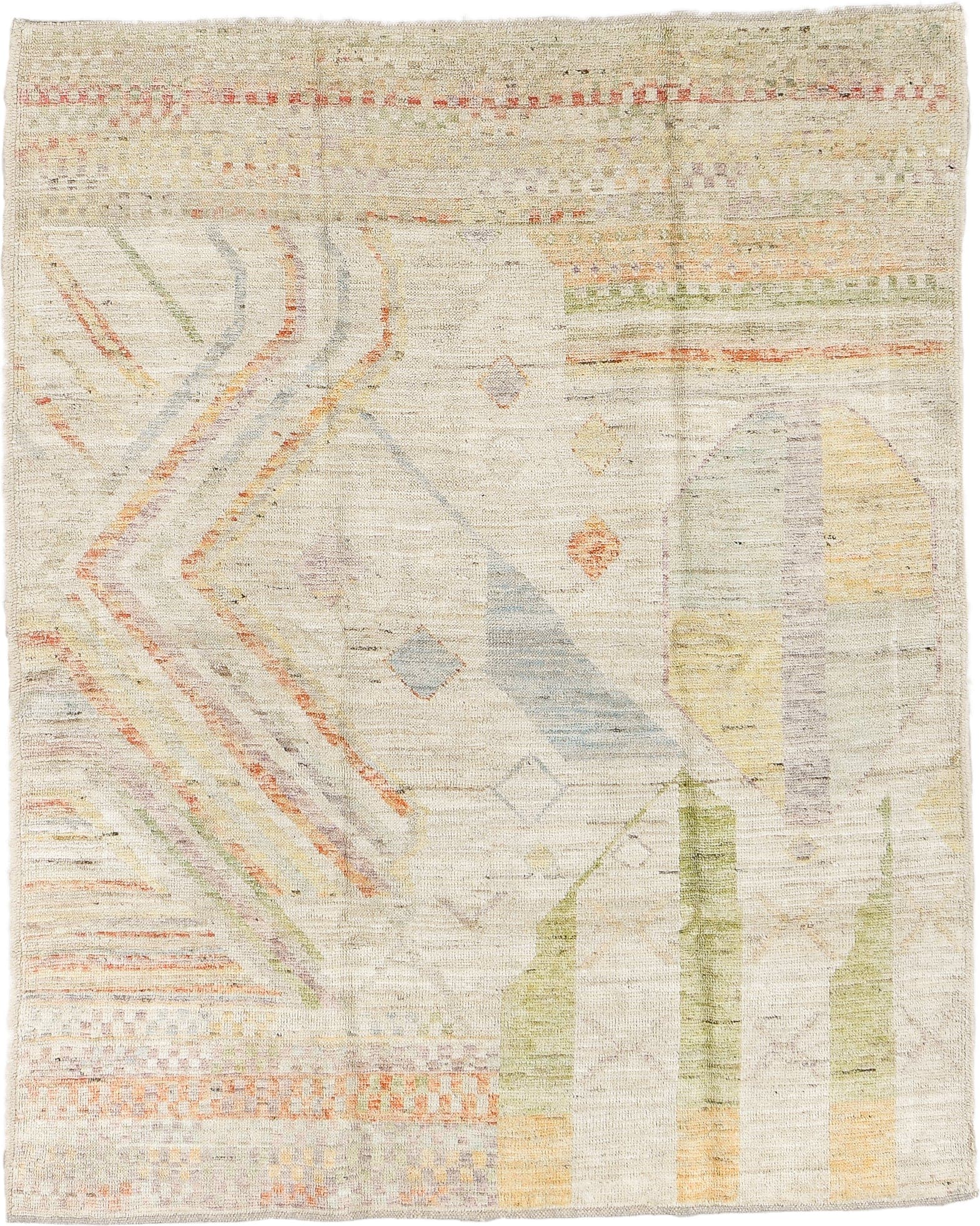5' x 6' one-of-a-kind handmade vintage Tulu rug. Color palette: ivory, sage, apricot, pale blue, butter, taupe, green