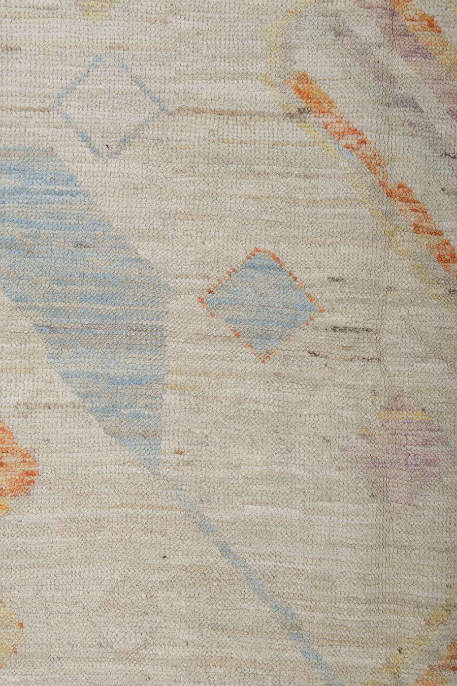 5' x 6' one-of-a-kind handmade vintage Tulu rug. Color palette: ivory, sage, apricot, pale blue, butter, taupe, green