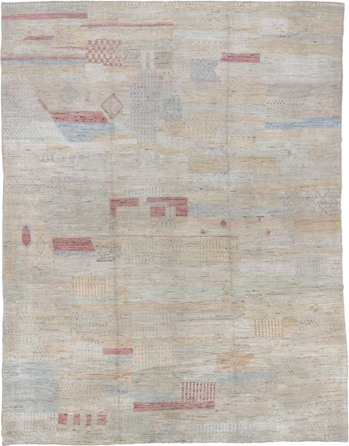 10' x 13' one-of-a-kind handmade vintage Tulu large size rug. Color palette: ivory, beige, blush, pale blue, cream