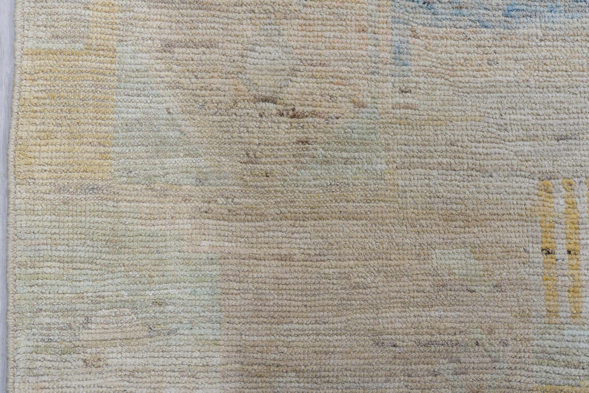 10' x 13' one-of-a-kind handmade vintage Tulu large size rug. Color palette: ivory, beige, blush, pale blue, cream