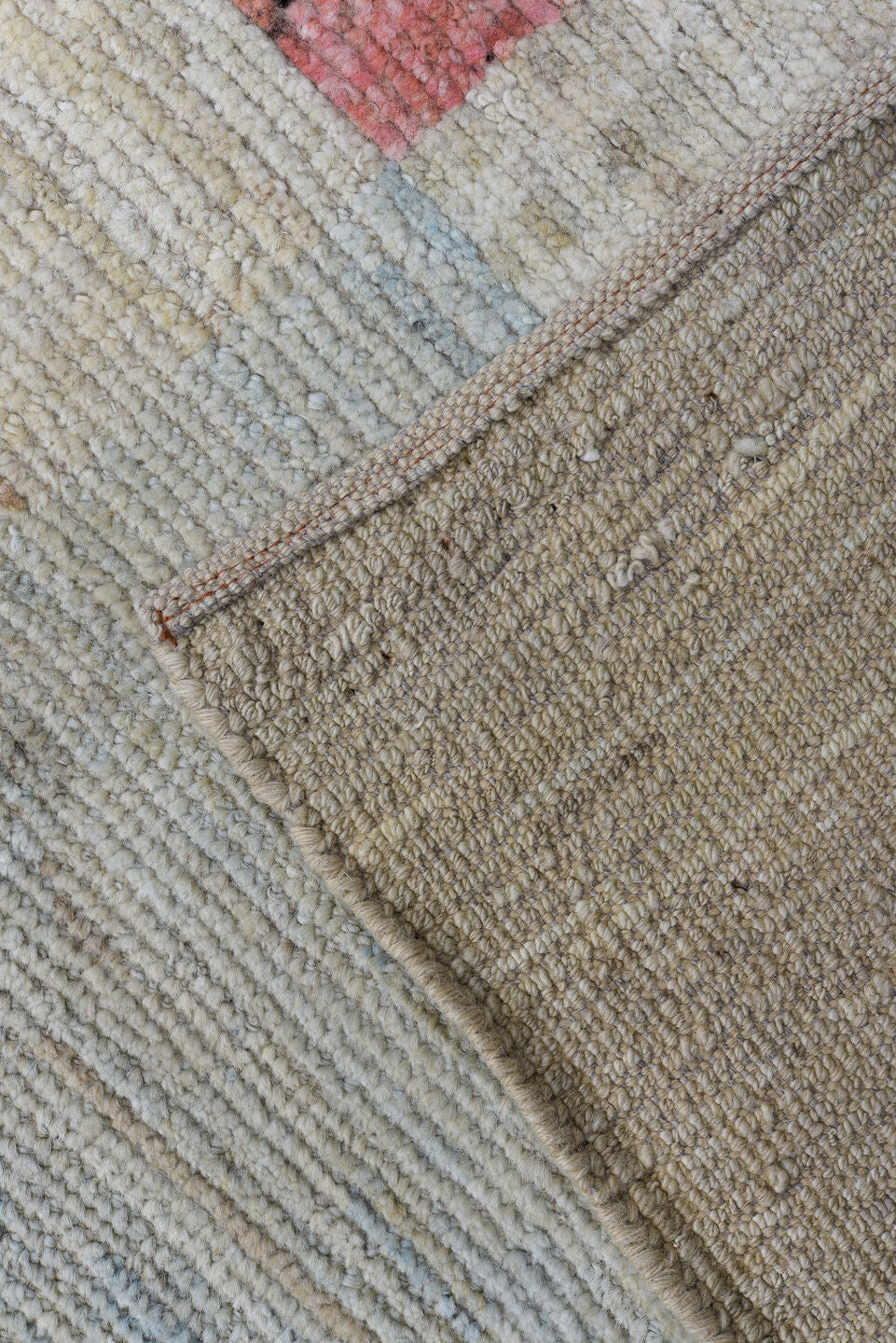 10' x 13' one-of-a-kind handmade vintage Tulu large size rug. Color palette: ivory, beige, blush, pale blue, cream