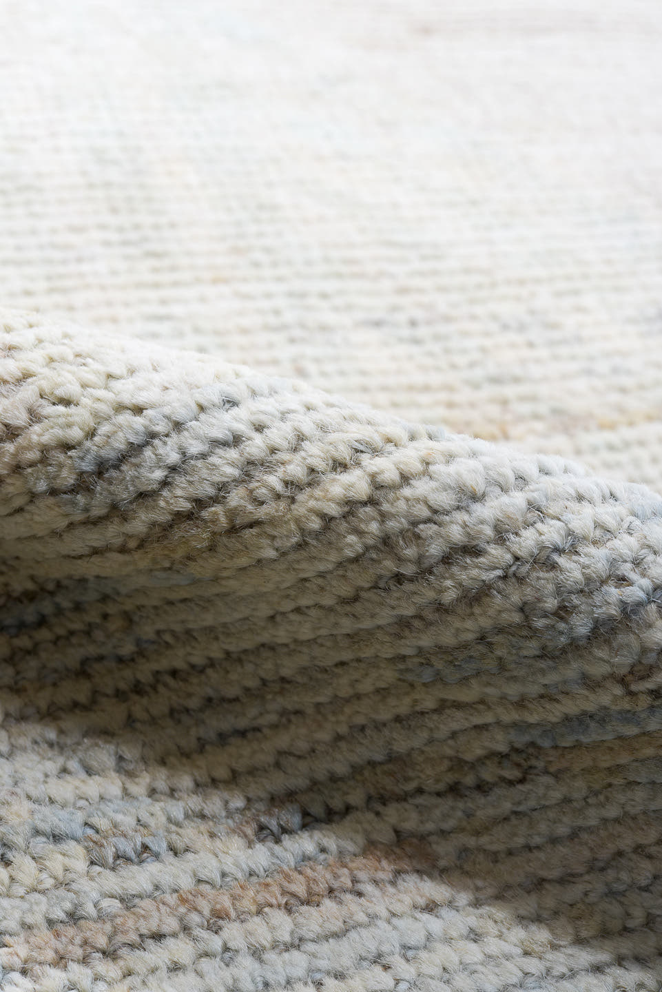 10' x 13' one-of-a-kind handmade vintage Tulu large size rug. Color palette: ivory, beige, blush, pale blue, cream