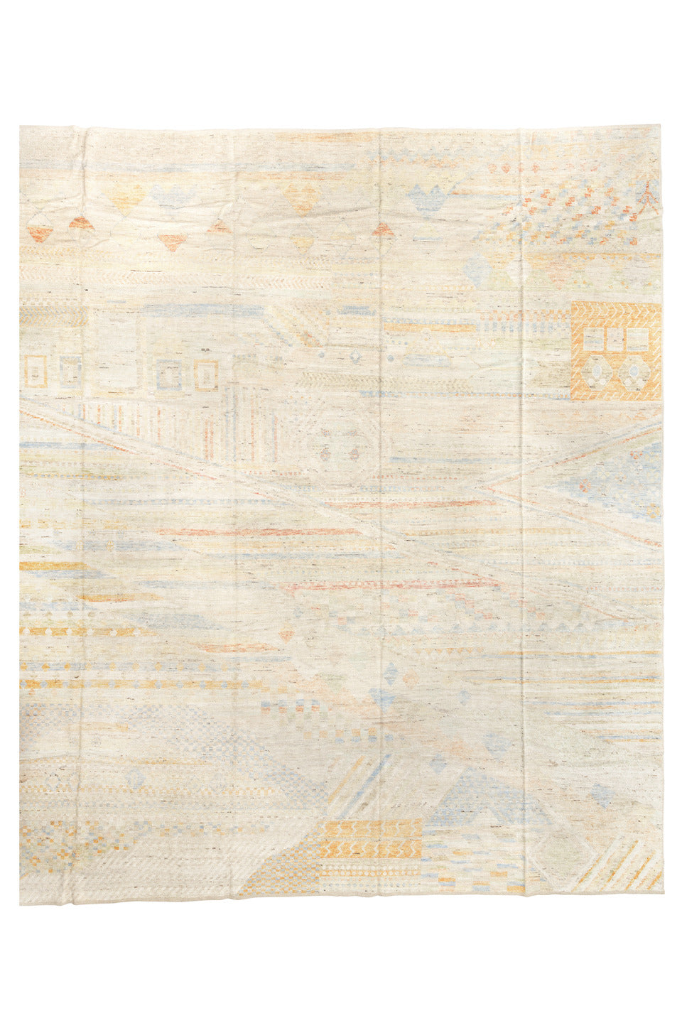 13' x 16' one-of-a-kind handmade vintage Tulu oversize rug. Color palette: light gray, gray, off-white, brown, orange