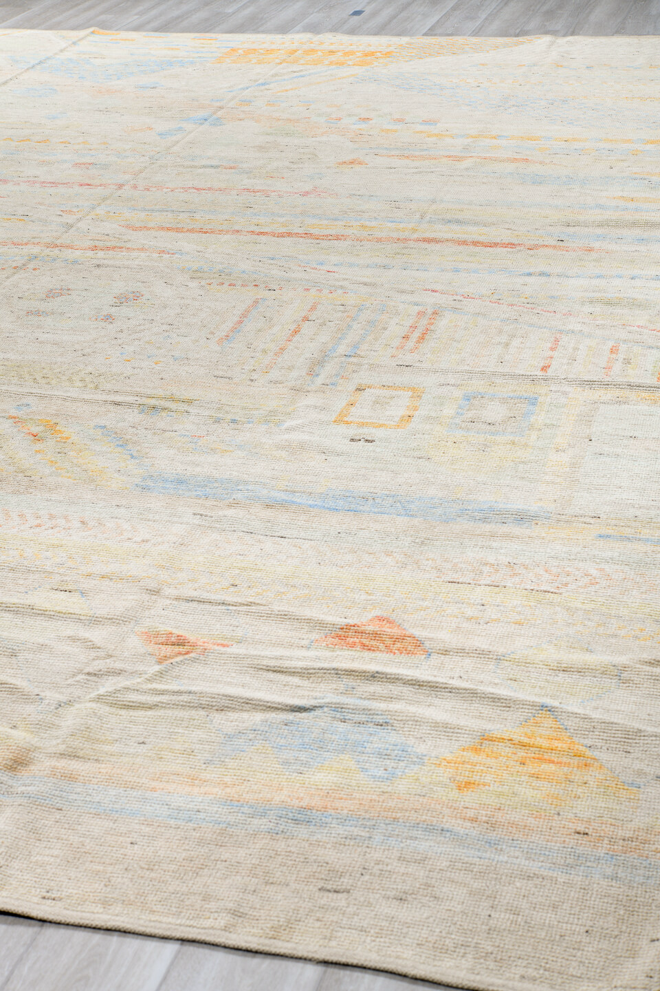 13' x 16' one-of-a-kind handmade vintage Tulu oversize rug. Color palette: light gray, gray, off-white, brown, orange
