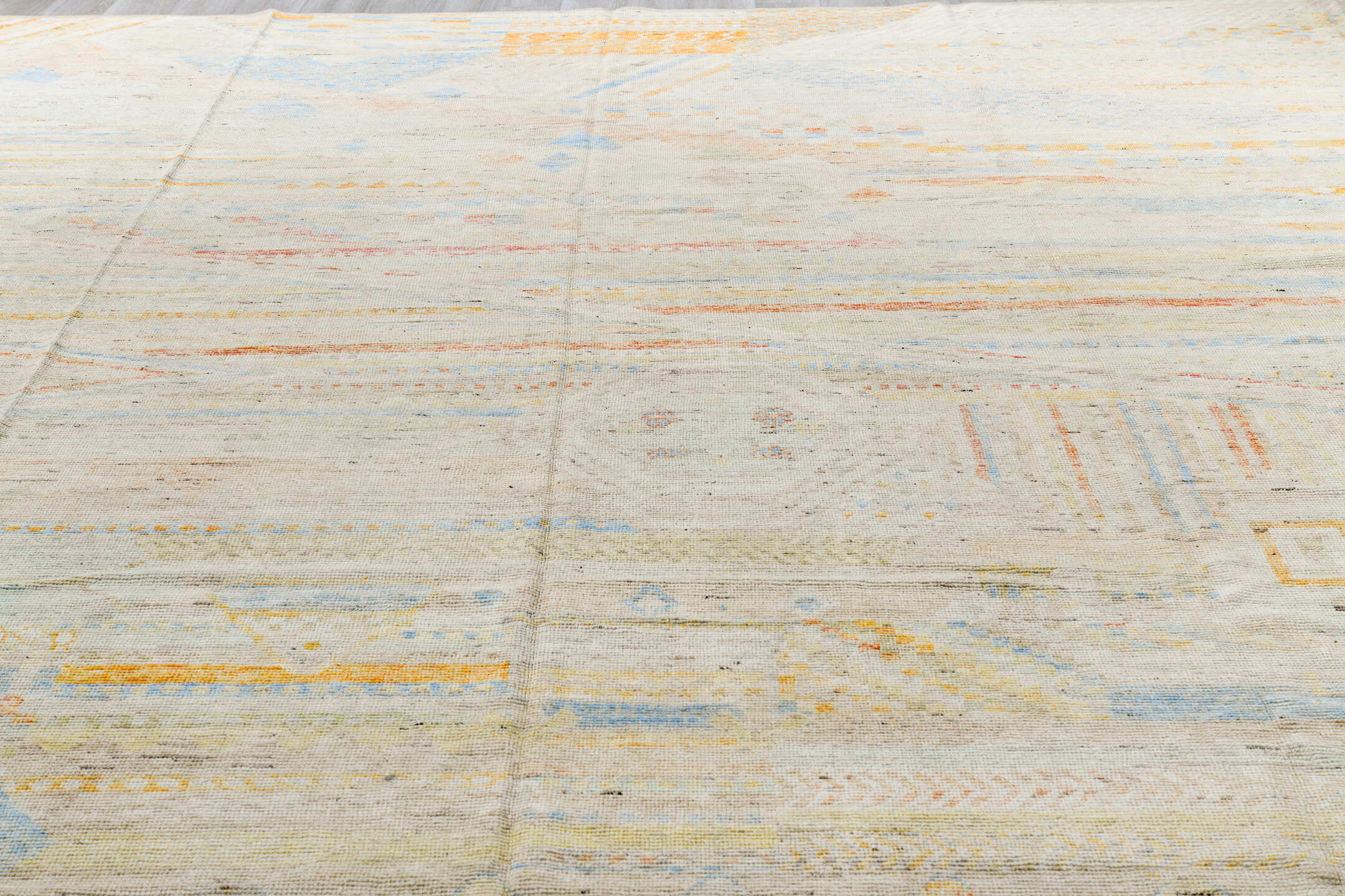 13' x 16' one-of-a-kind handmade vintage Tulu oversize rug. Color palette: light gray, gray, off-white, brown, orange