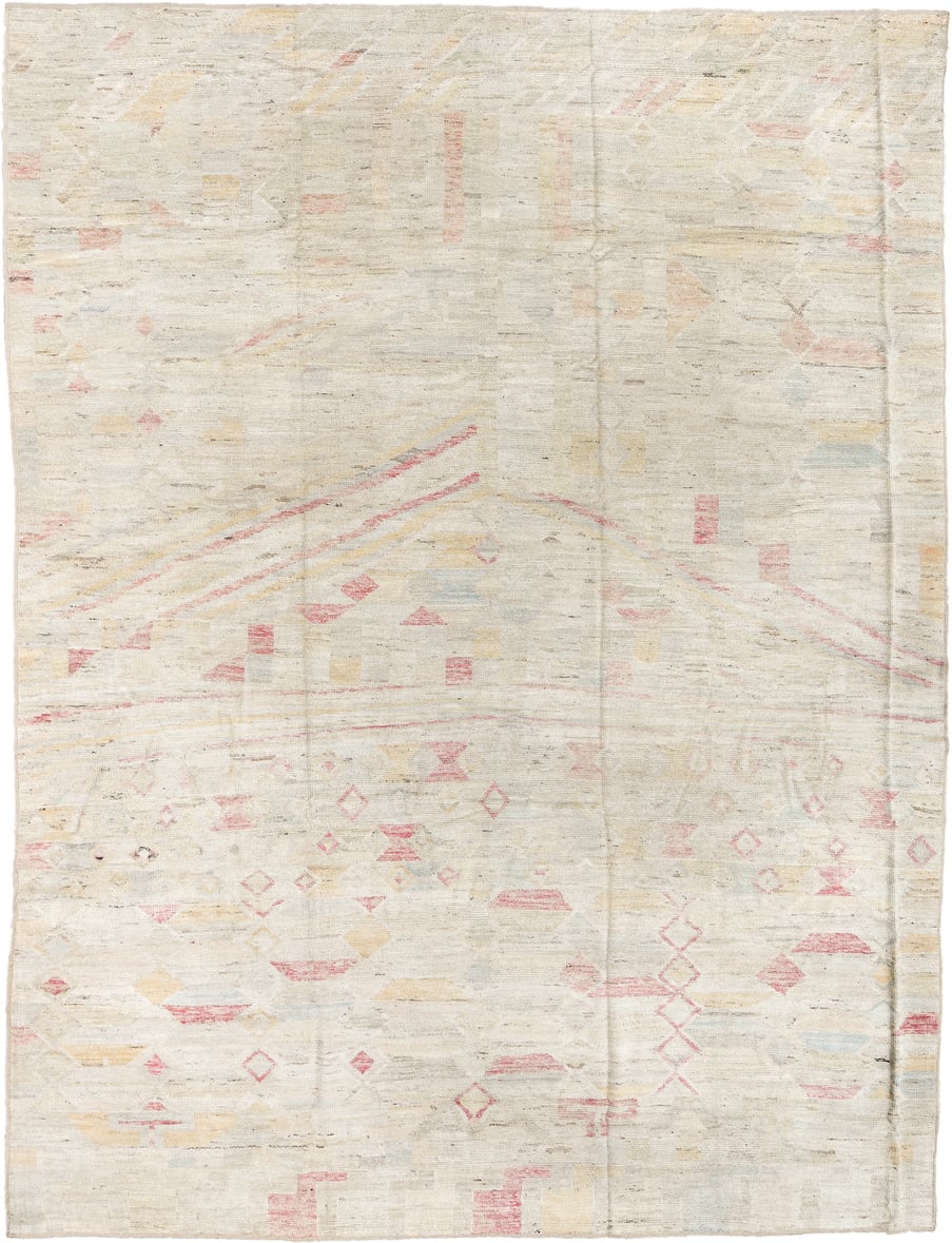10' x 14' one-of-a-kind handmade vintage Tulu large size rug. Color palette: ivory, blush, pale gold, light blue, beige